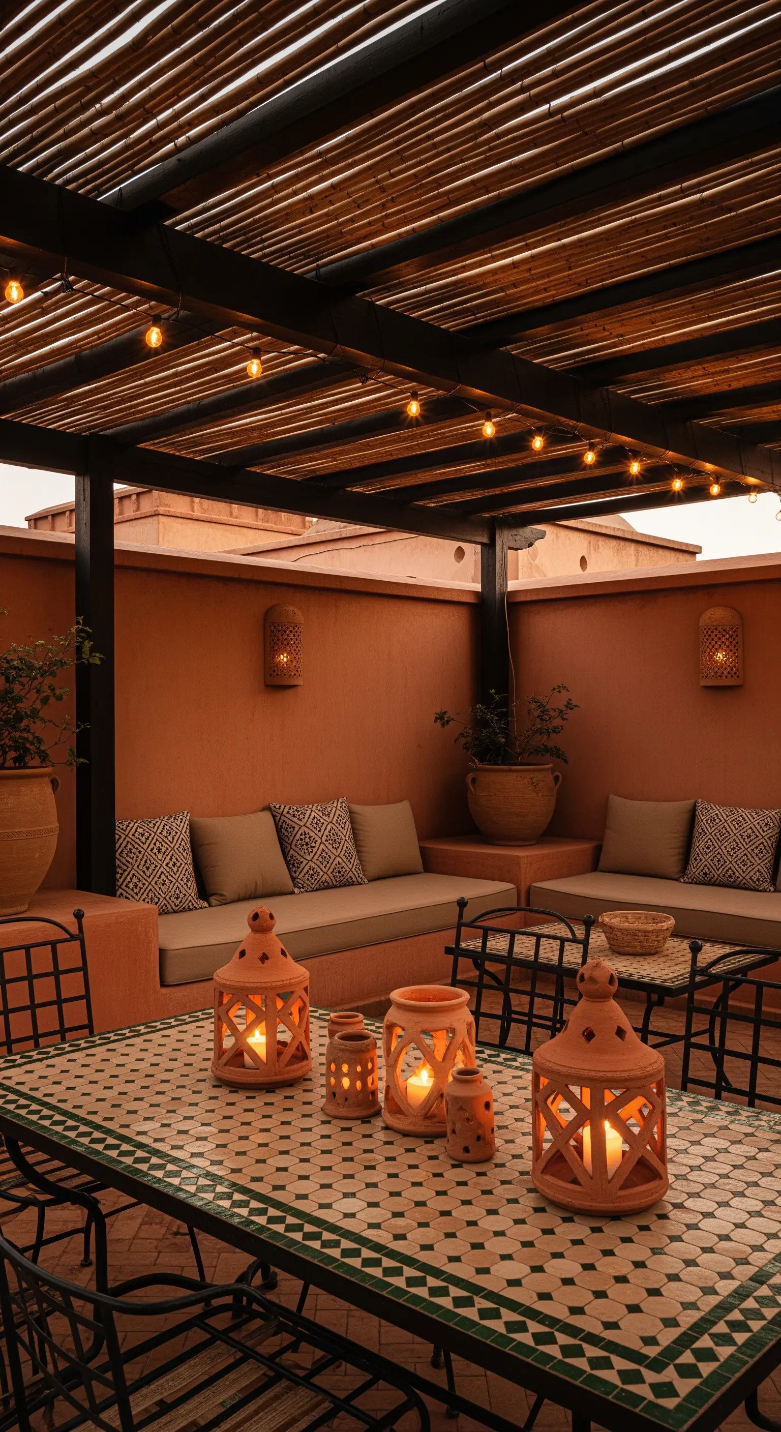 Patio color terracotta con sedute in muratura, cuscini etnici e lanterne in terracotta