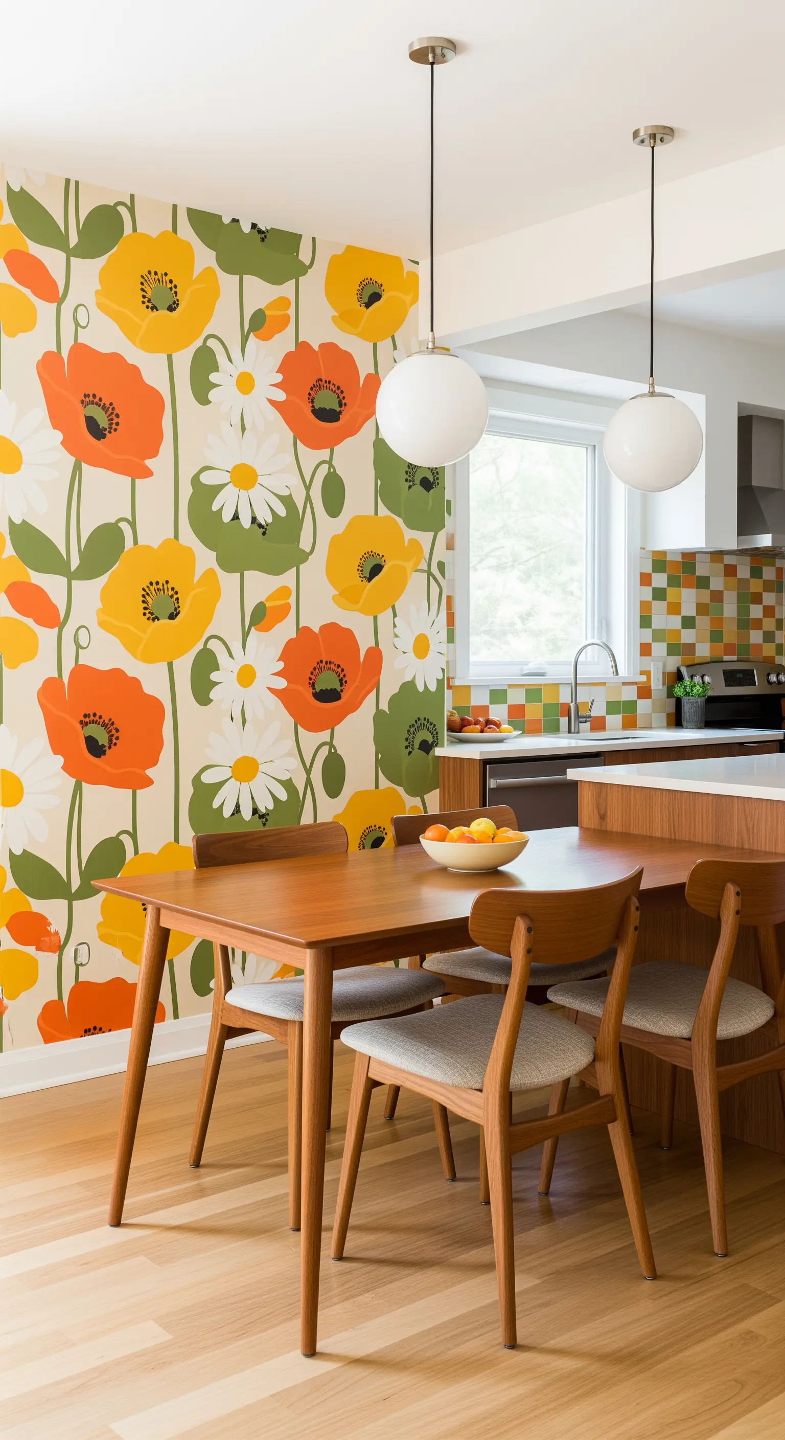 Cucina con carta da parati floreale stile anni '70 e tavolo da pranzo in legno.