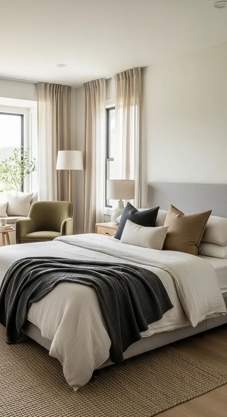 Camera da letto con più finestre, tutte vestite con le stesse tende color lino naturale.