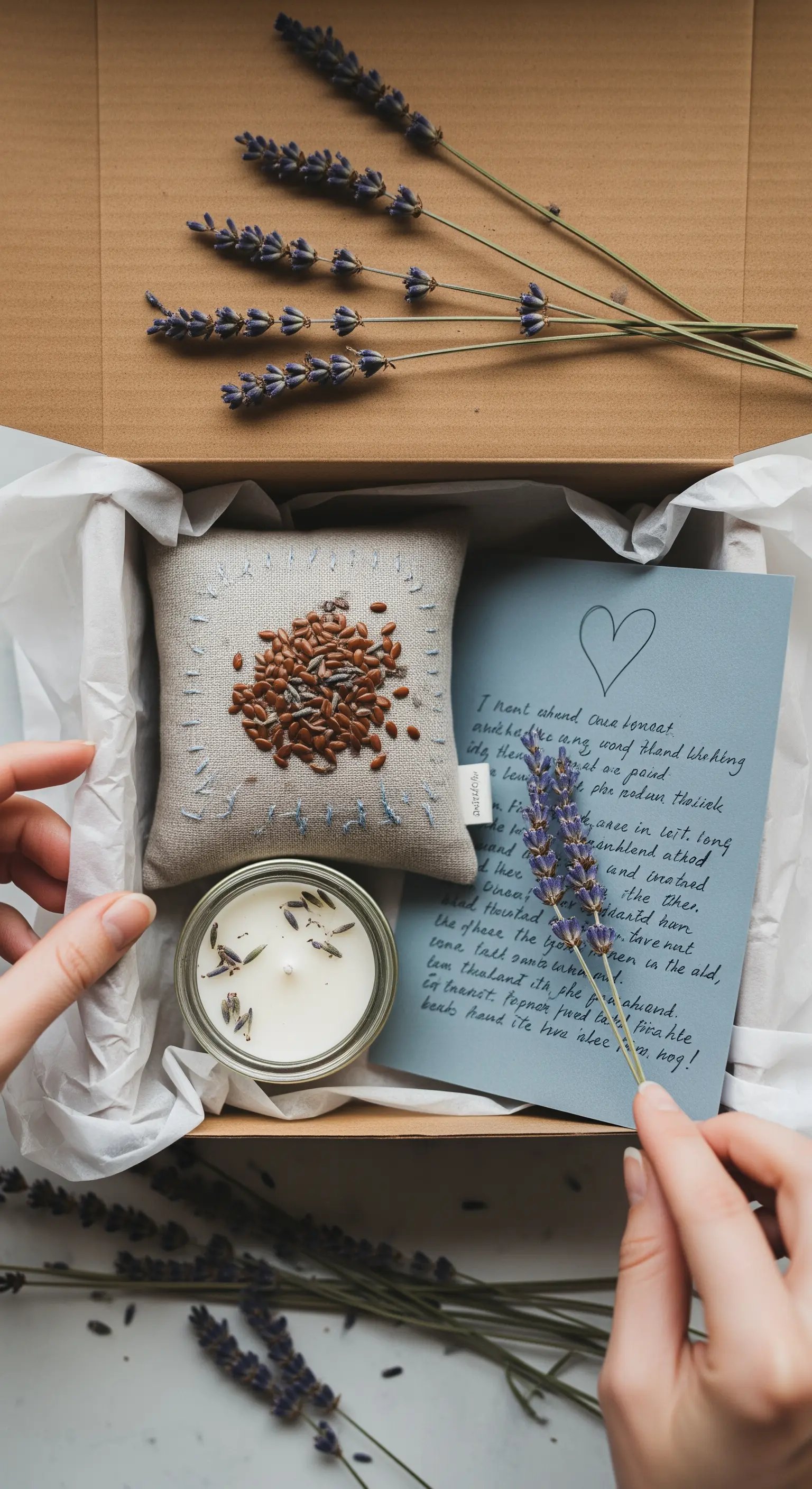 Gift box con candela alla lavanda, cuscino profumato e lettera scritta a mano.