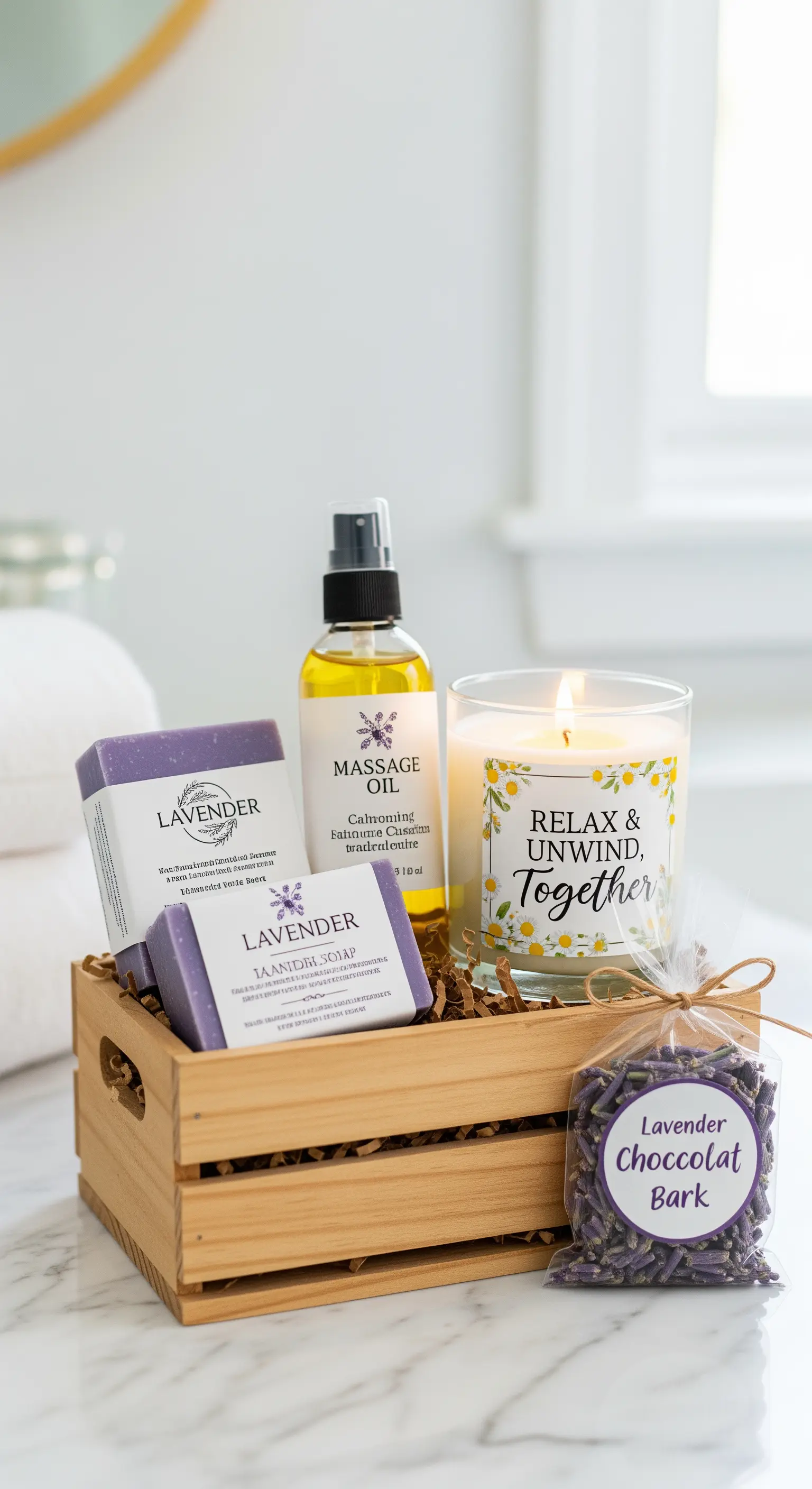 Kit regalo spa alla lavanda in una cassetta di legno con sapone, olio e candela.
