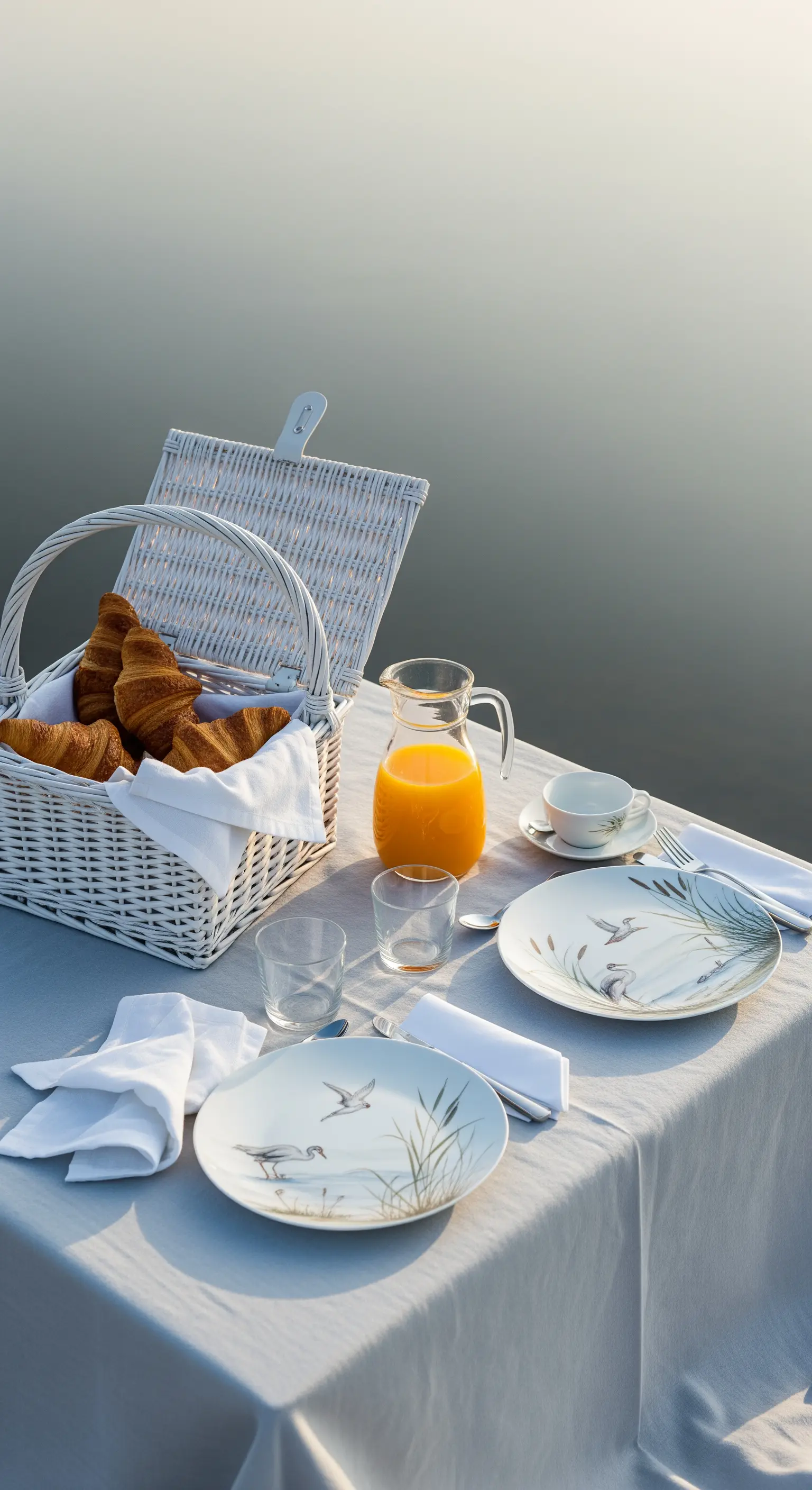 Colazione da picnic in riva al lago con cestino bianco, piatti decorati e croissant.
