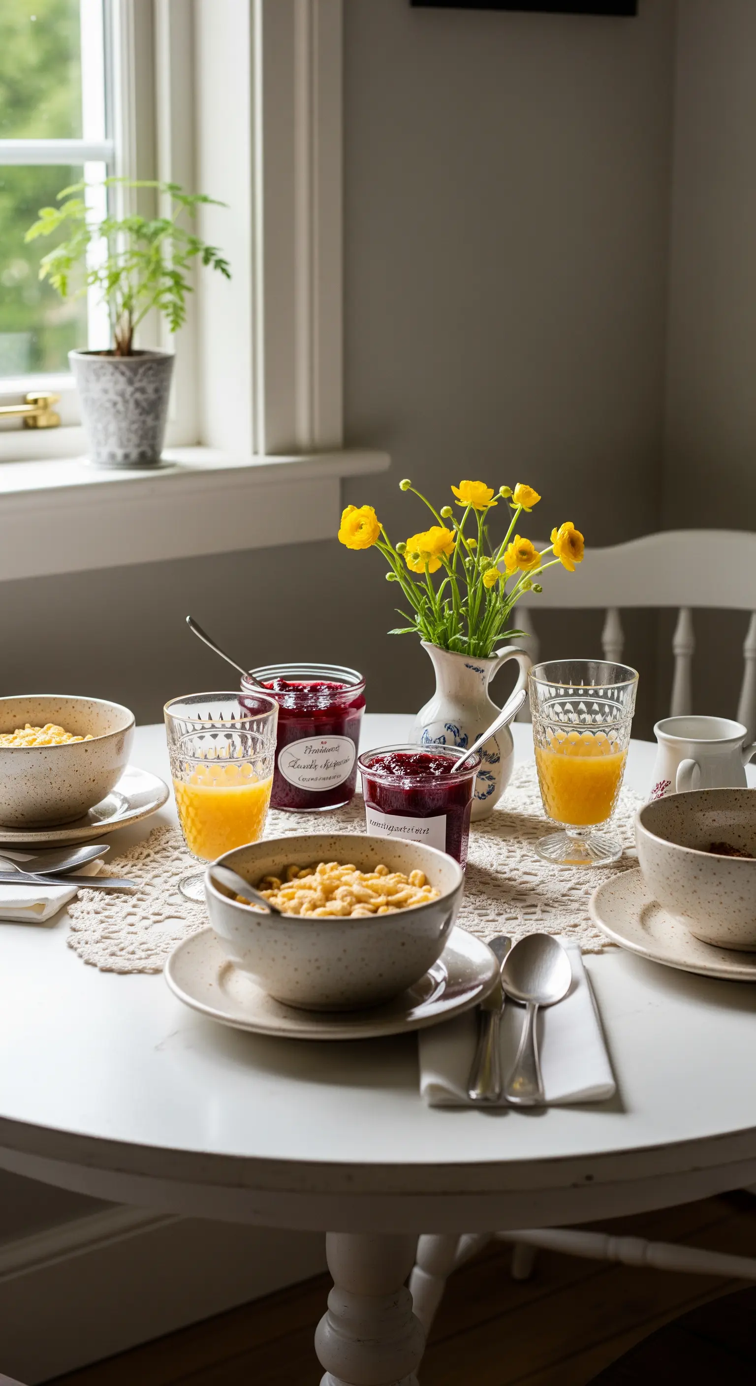 Tavola per la colazione con centrino all'uncinetto, ciotole in ceramica e un vasetto di ranuncoli