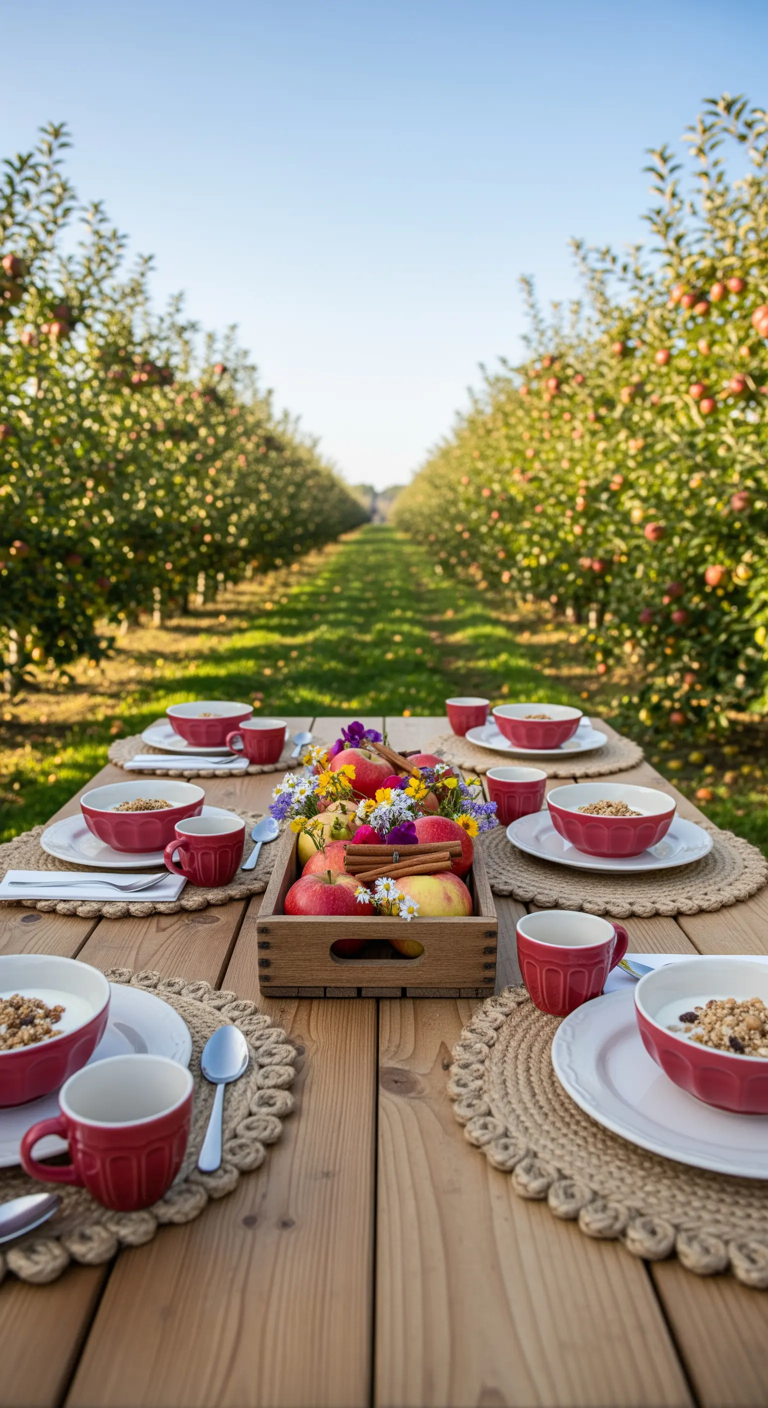 Tavola per la colazione in un meleto, con centrotavola di mele in una cassa di legno.