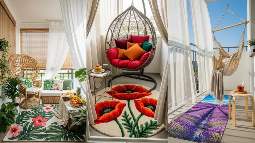 Balconi romantici con tende vaporose e tappeti floreali, ideali per colazioni lente. Si vedono poltrone, amache, frutta e pancake.