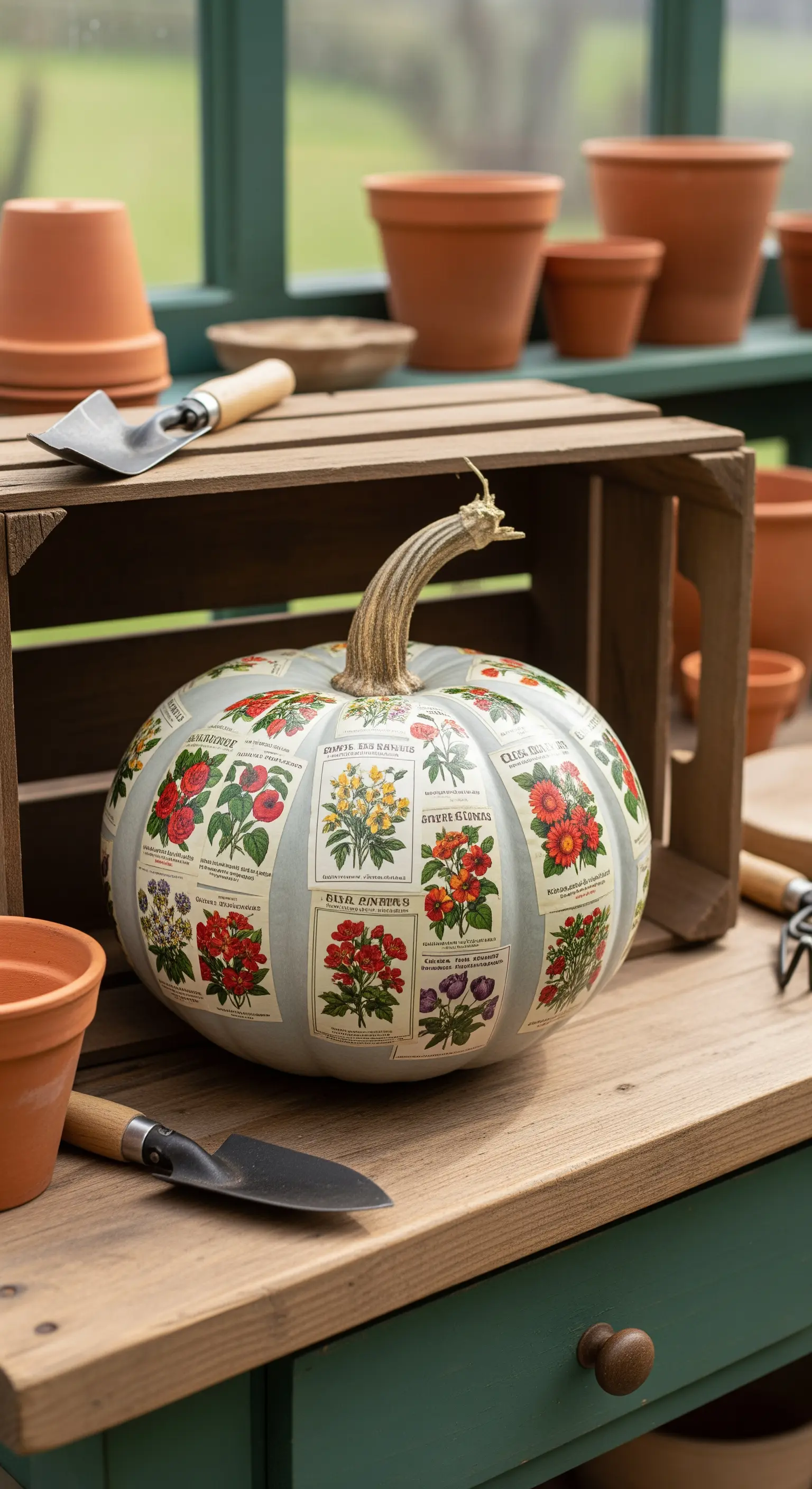 Zucca grigio-azzurra decorata con un collage di etichette botaniche vintage di fiori.