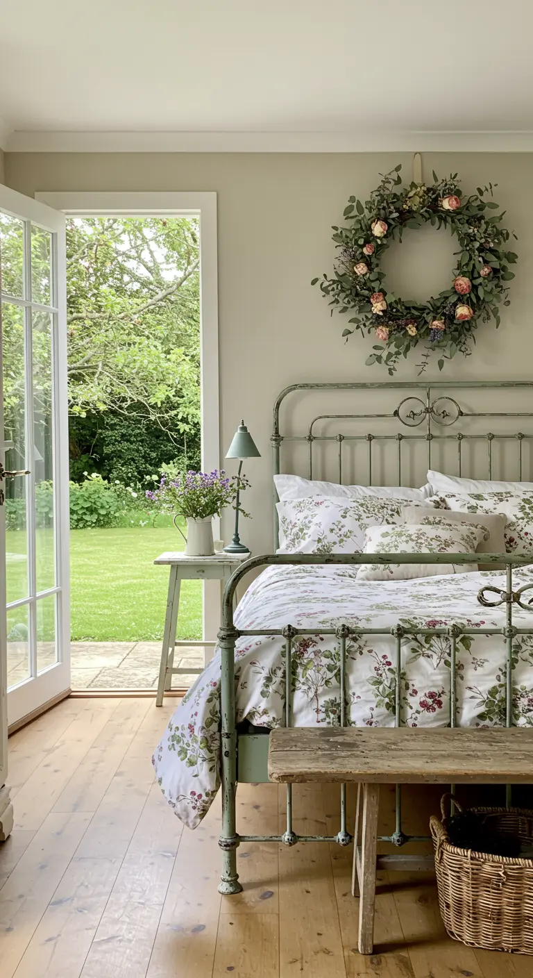 Camera da letto con letto in ferro verde, lenzuola a fiori e porta finestra aperta sul giardino.