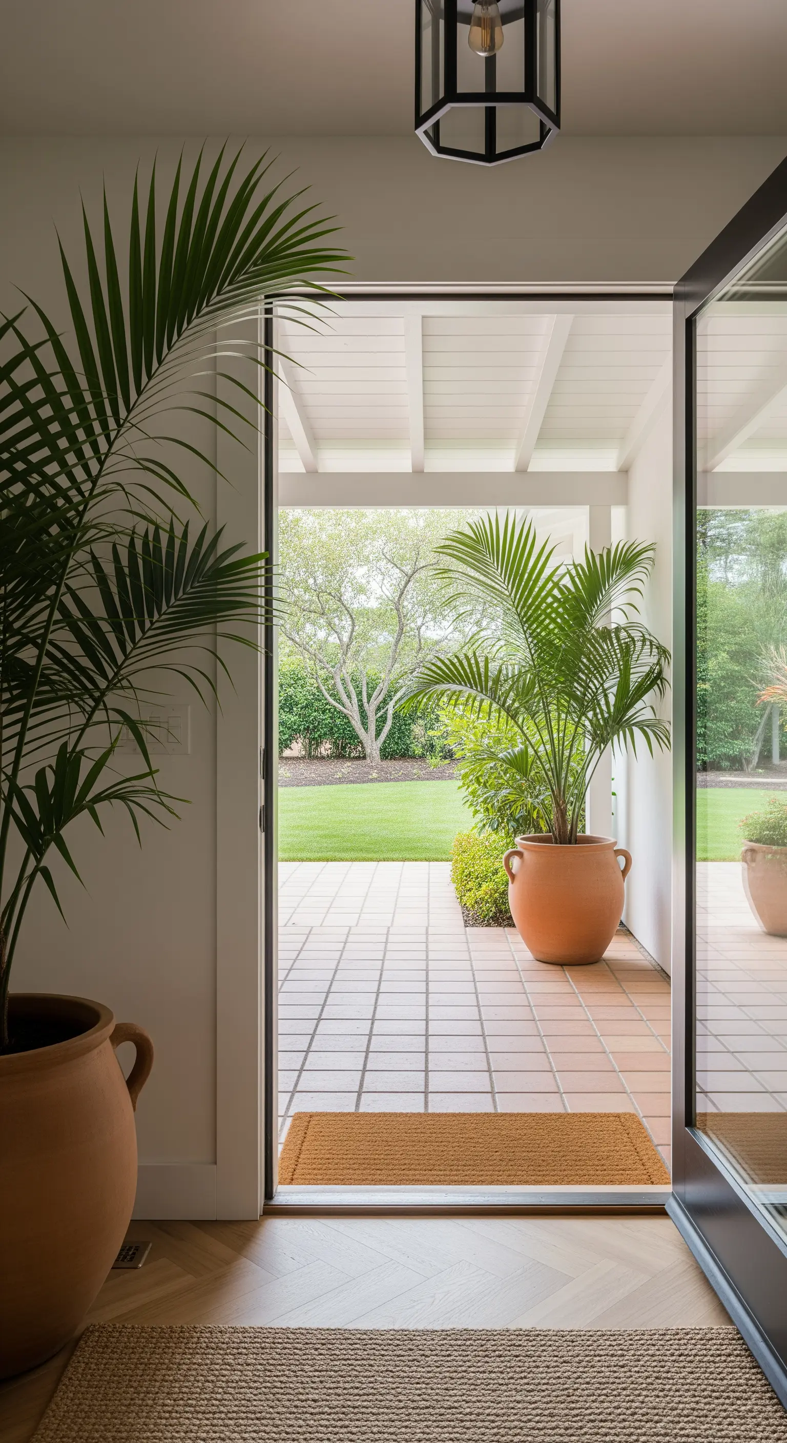 Porta d'ingresso aperta su un portico, entrambi con pavimento in cotto e grandi palme in vaso.