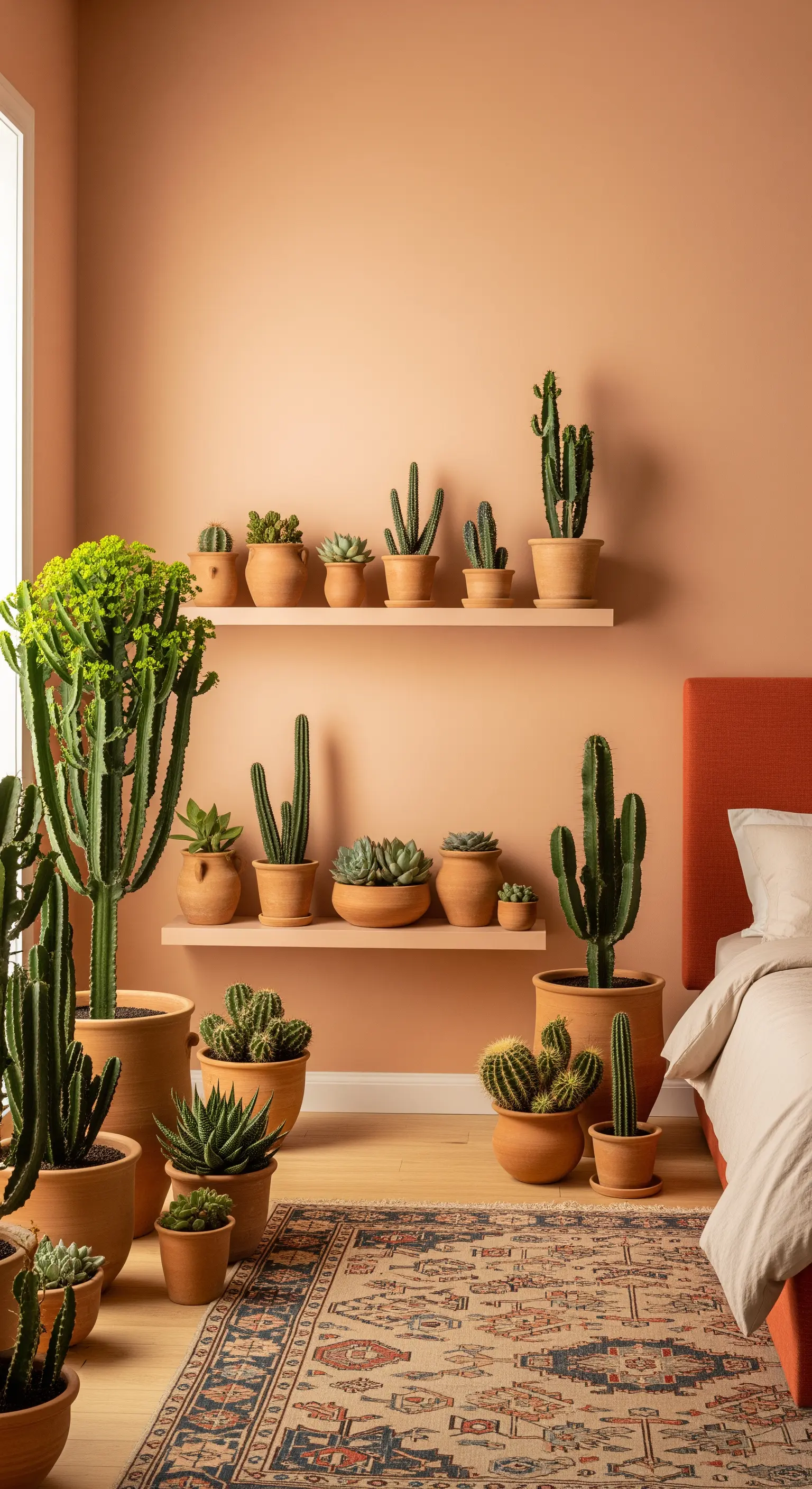 Camera da letto con pareti color terracotta e una vasta collezione di cactus in vasi di argilla.