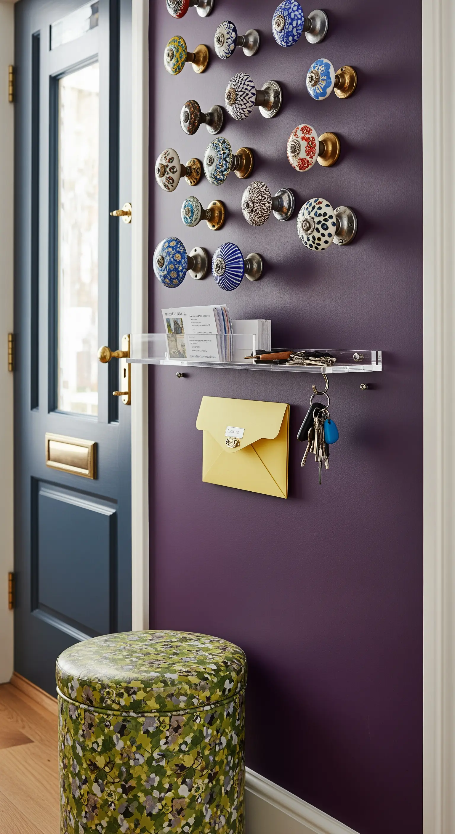 Parete viola con una collezione di pomelli in ceramica colorati usati come appendiabiti.