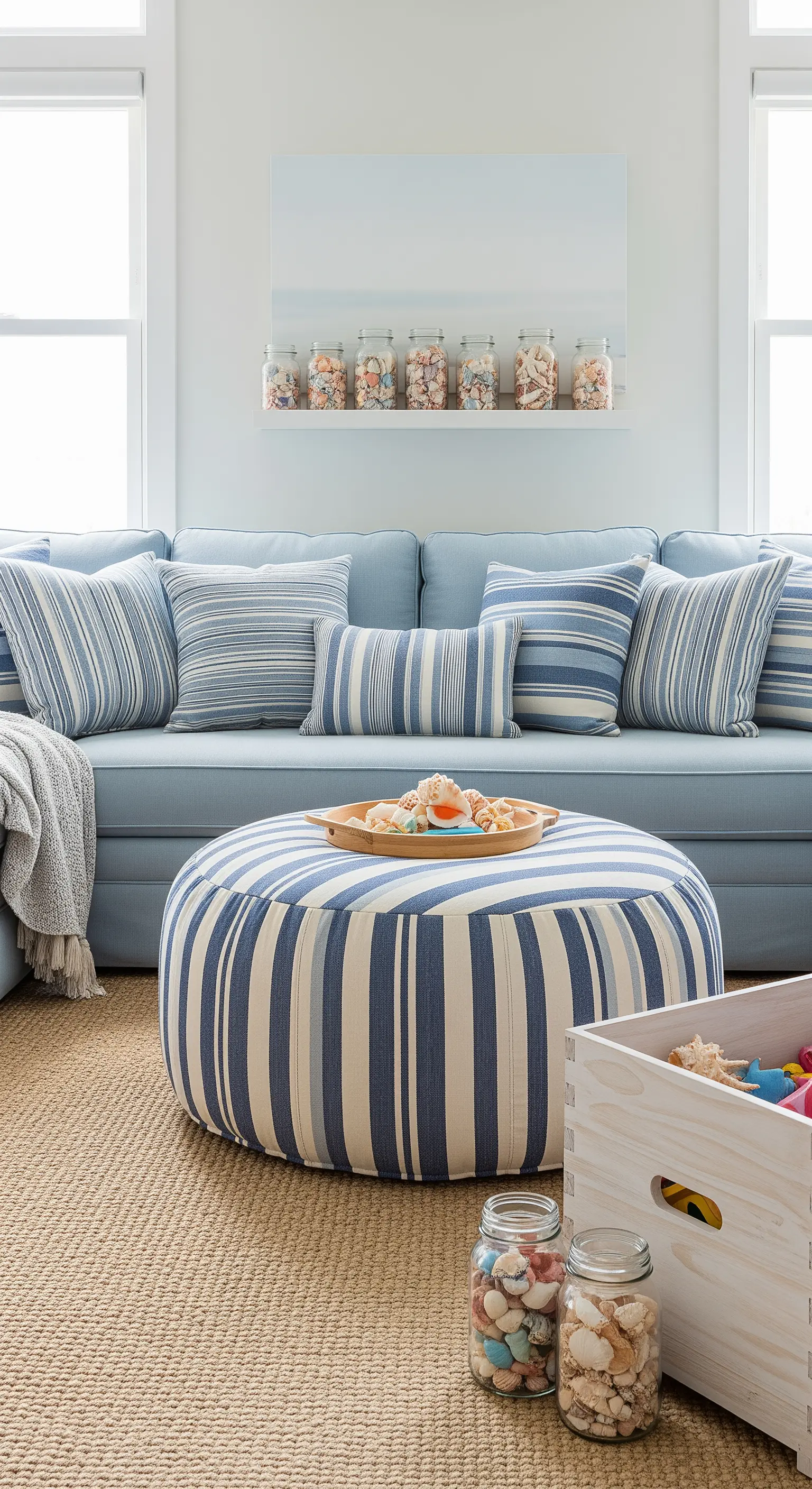 Mensola con barattoli di vetro pieni di conchiglie sopra un divano azzurro.