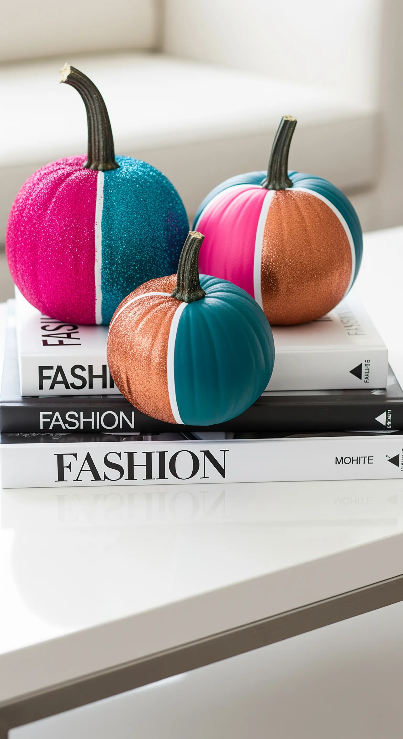 Zucche dipinte a blocchi di colore fucsia, verde acqua e glitter rame su libri di moda.