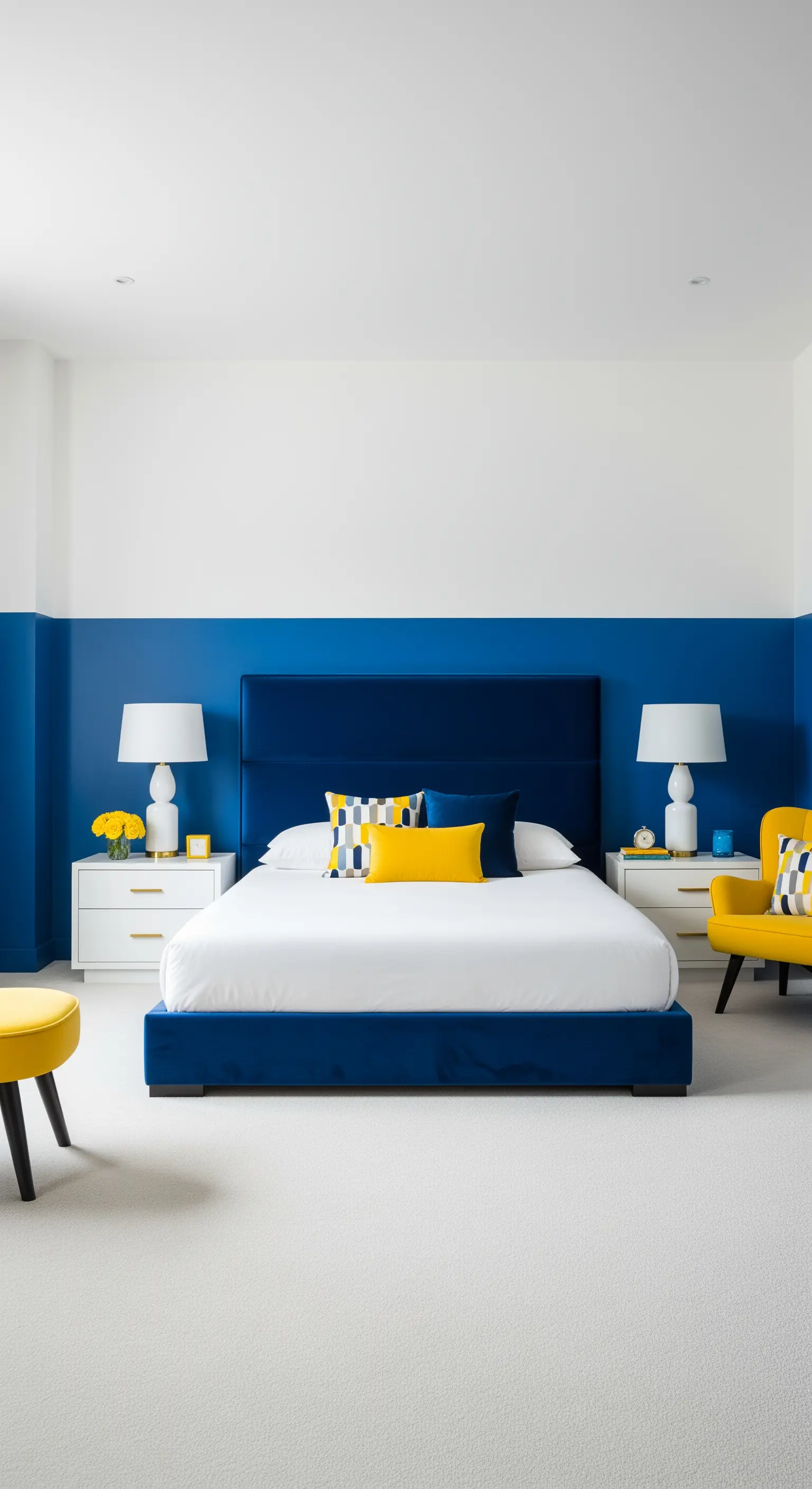 Letto in velluto blu con parete bicolore bianca e blu e accenti gialli.