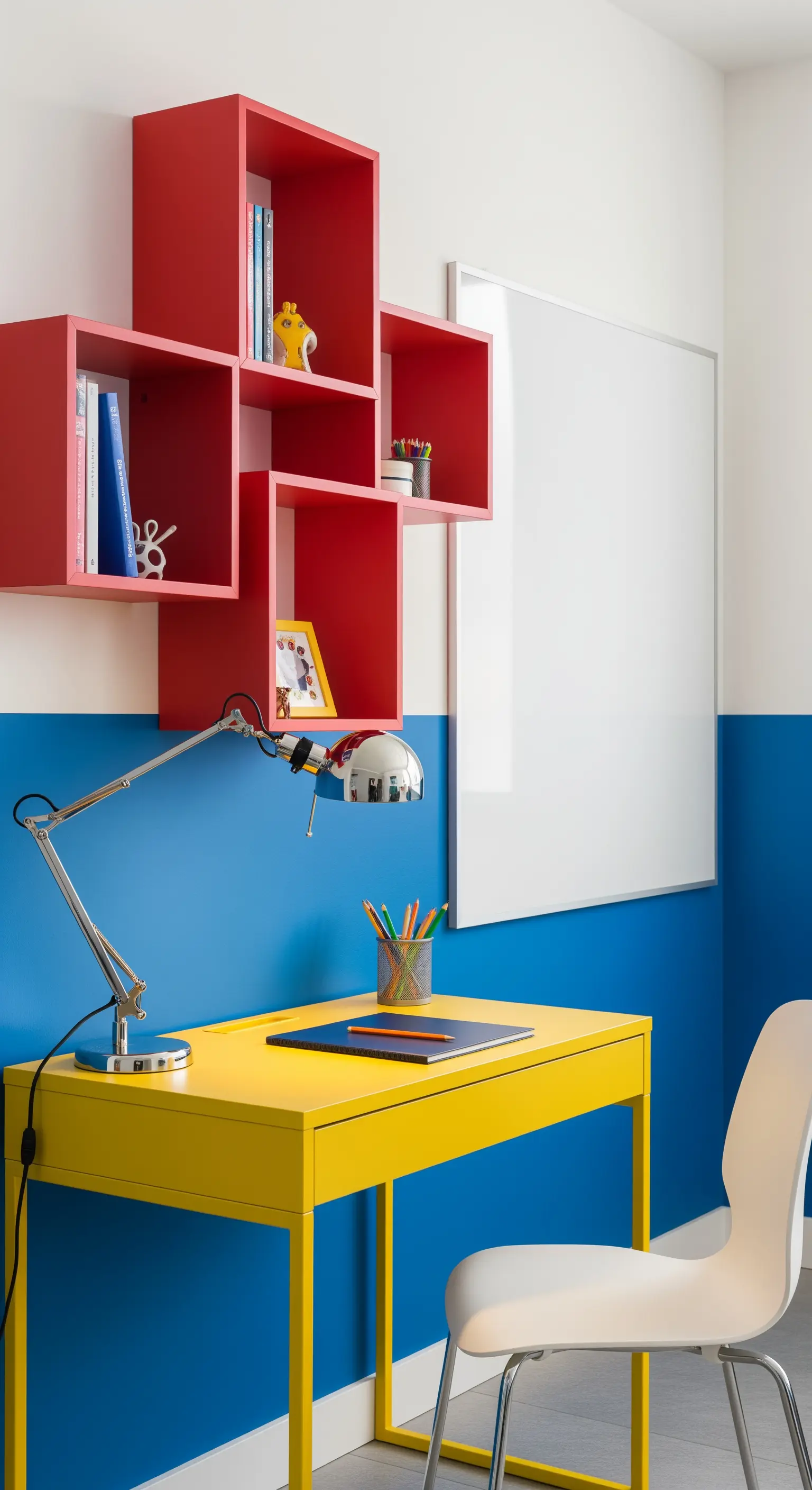Scrivania gialla e mensole rosse contro una parete dipinta a blocchi di colore blu e bianco.
