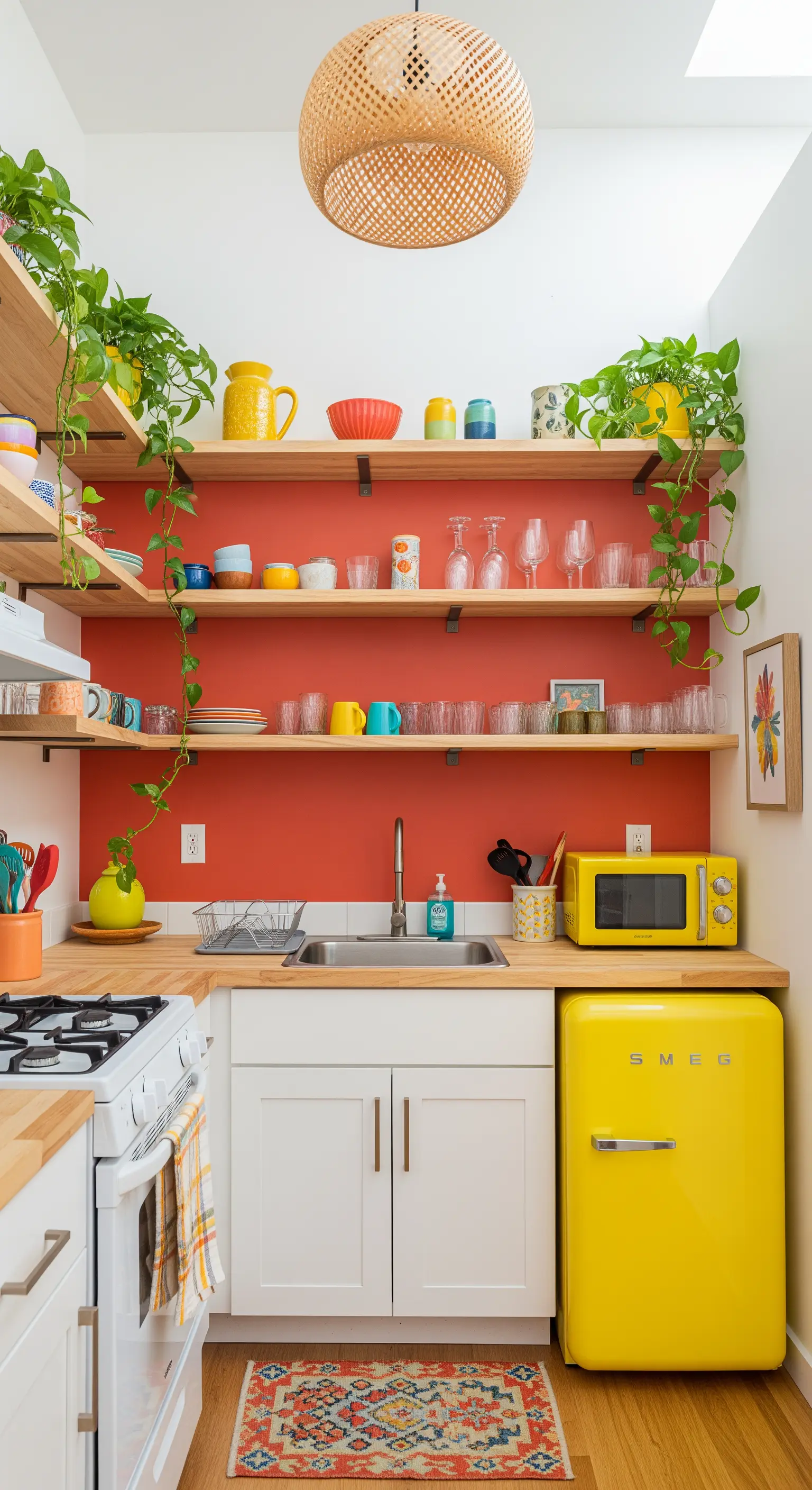 Piccola cucina con parete rossa, mensole in legno e frigorifero giallo.