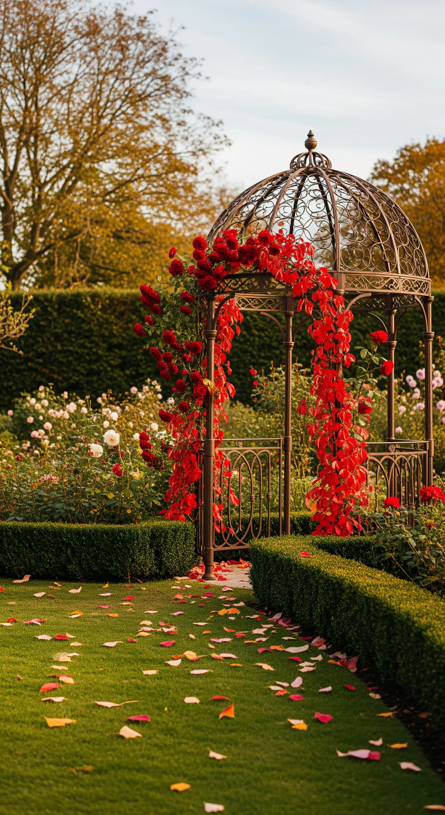 Gazebo in ferro battuto scuro avvolto da rampicanti dal fogliame rosso intenso in autunno.