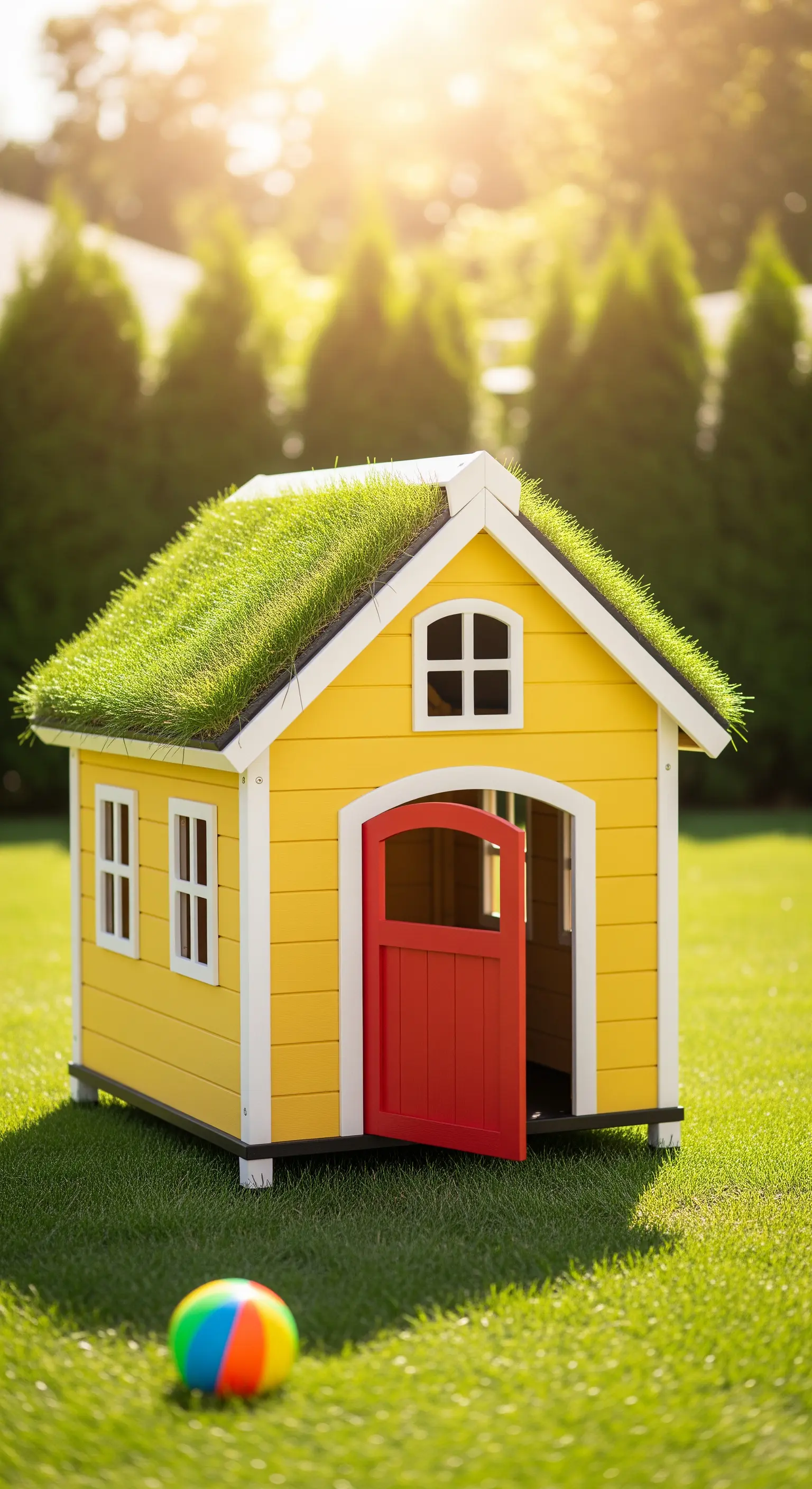 Casetta per cani gialla con porta rossa e tetto d'erba, stile casa dei giochi.