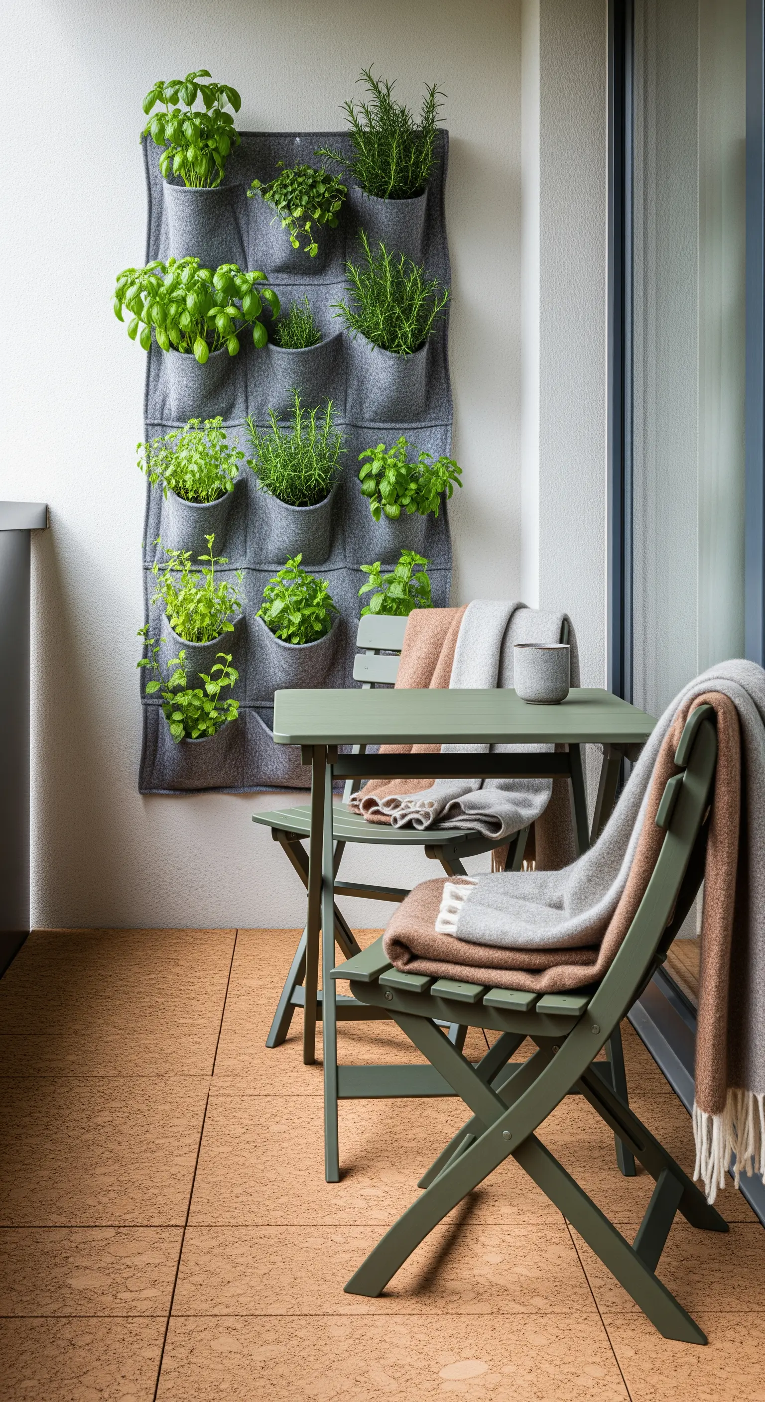Orto verticale in feltro con erbe aromatiche su una parete del balcone, accanto a un set da bistrò verde.