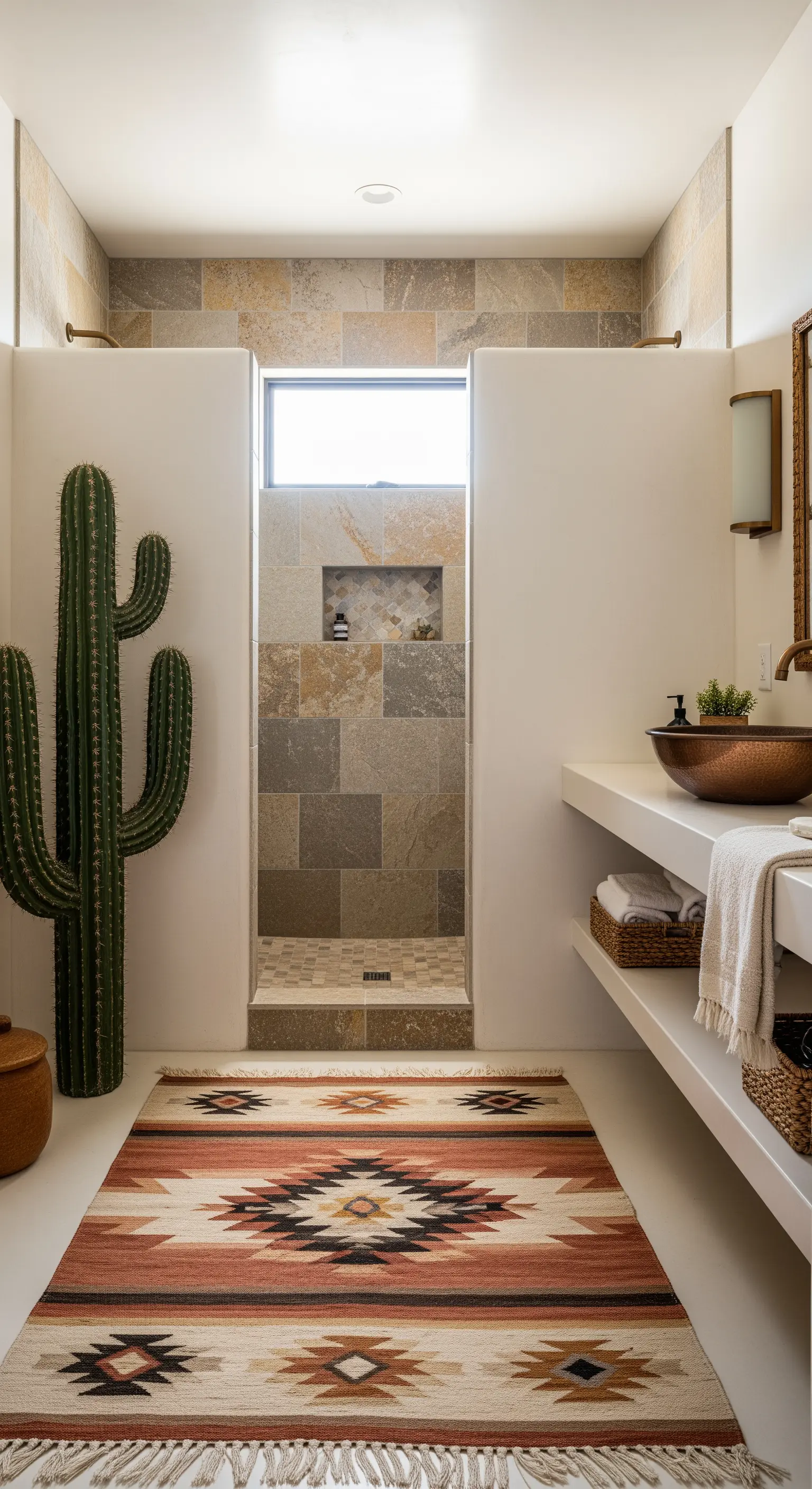 Bagno in stile desert-modern con grande cactus, lavabo in rame e tappeto kilim.