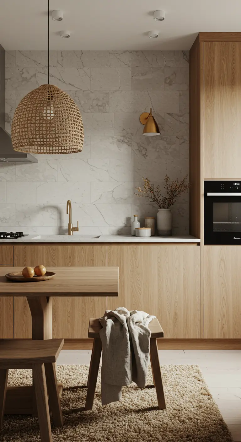 Cucina in legno con paraschizzi in marmo, grande lampada in rattan e applique dorata.