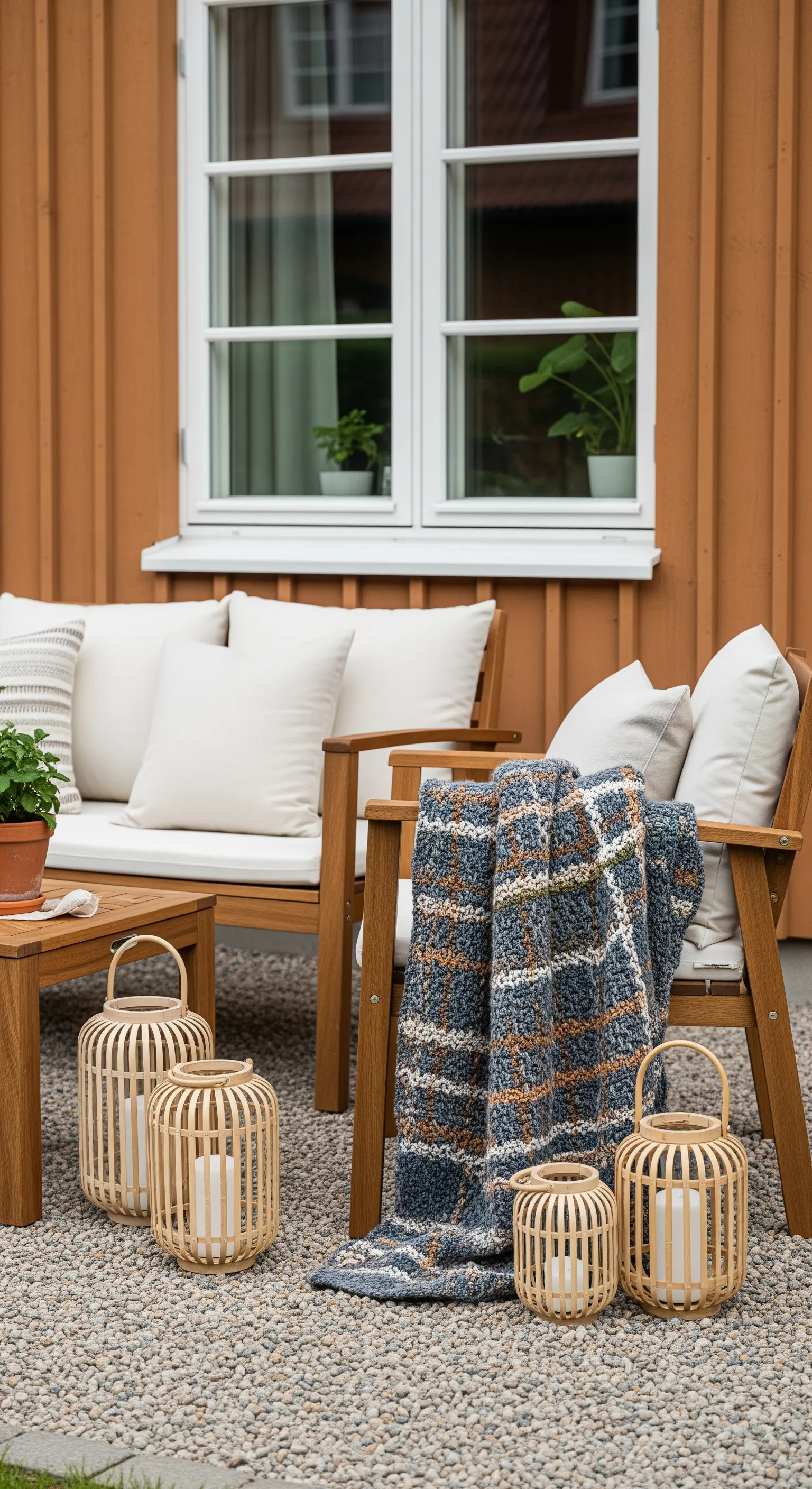 Patio in ghiaia con divano e poltrone in legno e lanterne di bambù a terra.
