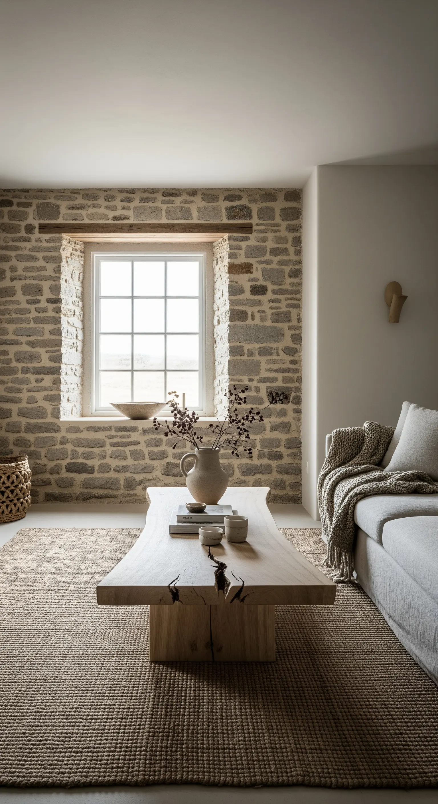 Parete in pietra a vista dietro un divano in lino grezzo e un tavolino in legno massiccio.