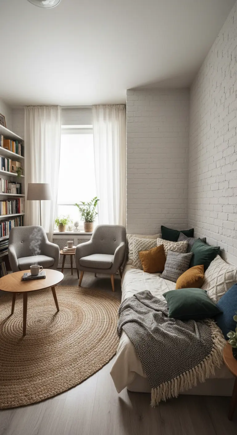 Piccolo soggiorno con un letto usato come divano, pieno di cuscini, e un tappeto rotondo in juta.