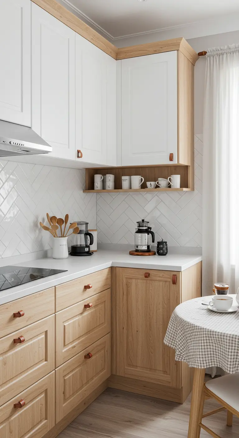 Cucina d'angolo con pensili bianchi, basi in legno e piastrelle a spina di pesce.