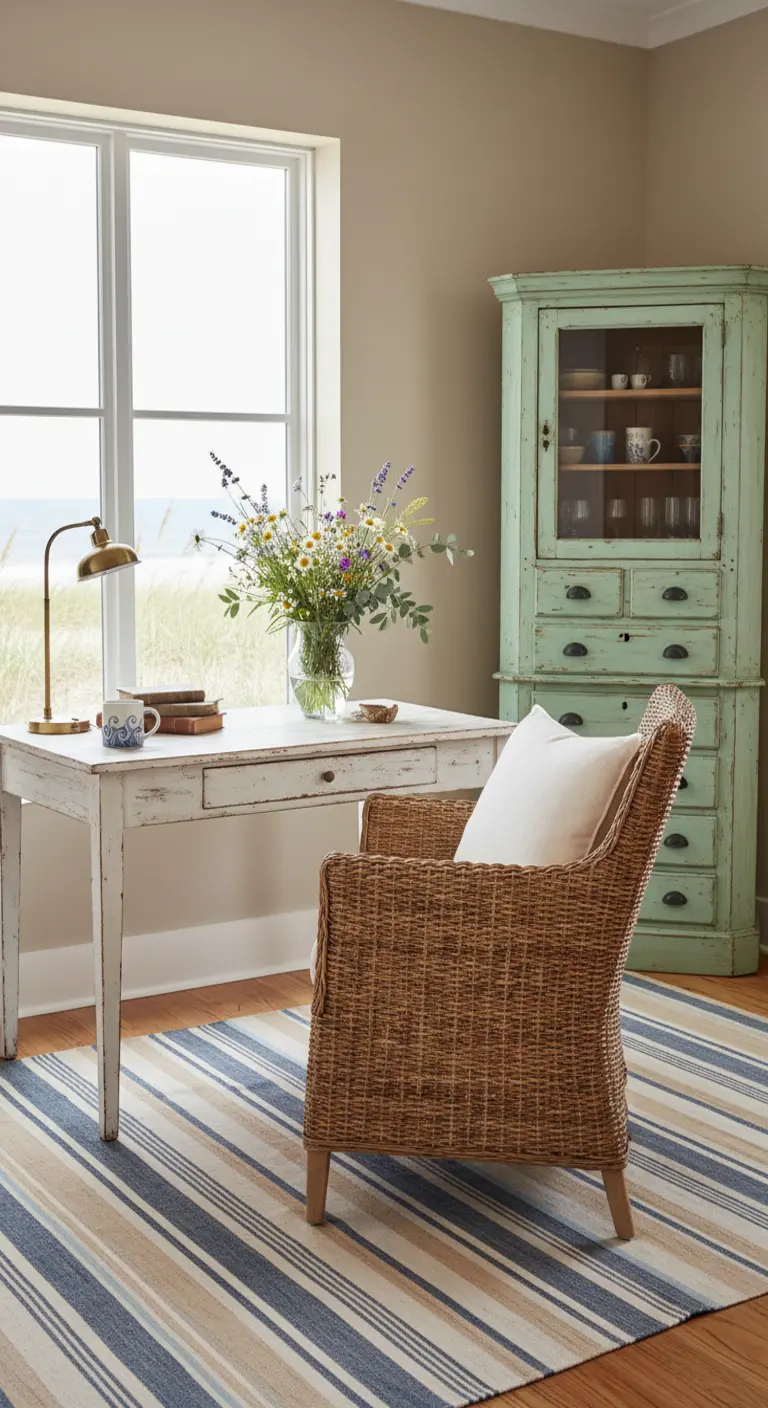 Angolo studio con scrivania bianca vintage, poltrona in rattan e una credenza verde invecchiata.