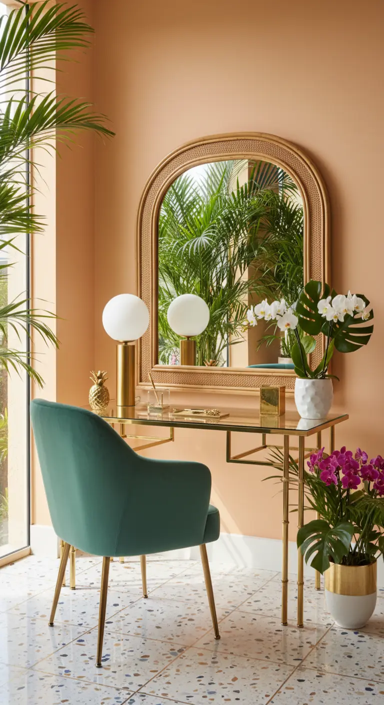 Scrivania dorata con sedia in velluto verde e grande specchio in rattan su una parete color pesca.