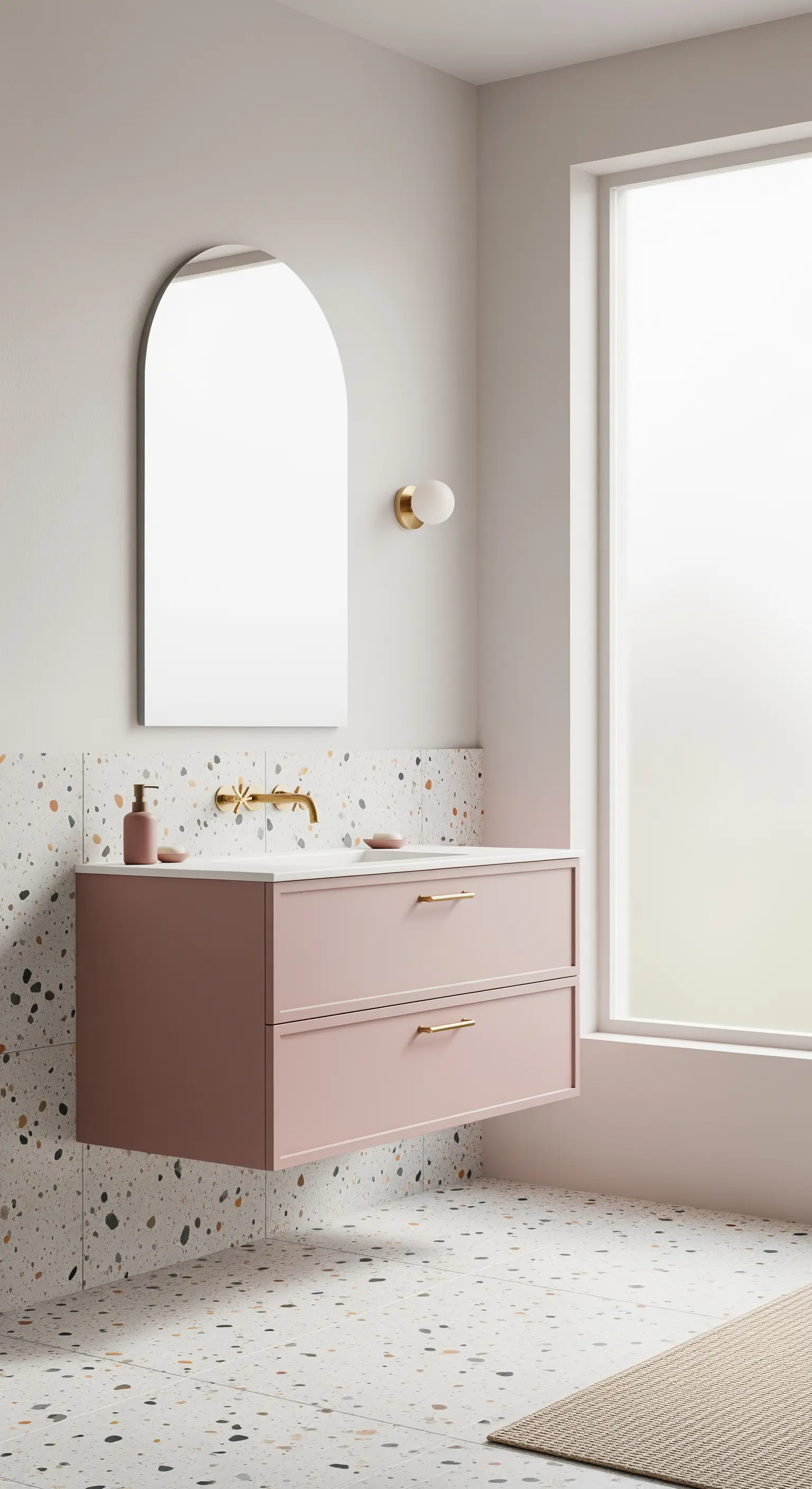 Mobile lavabo sospeso rosa con pavimento e parete in terrazzo multicolore.