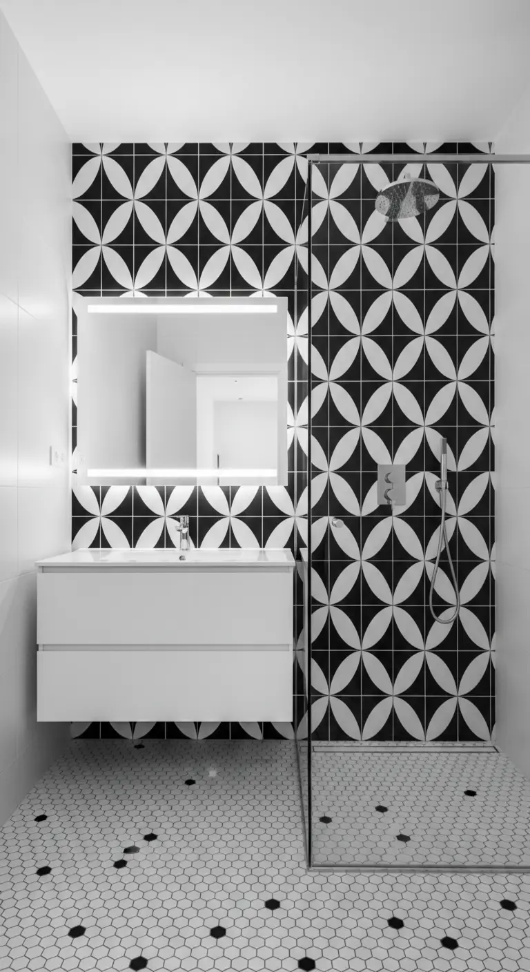 Parete con piastrelle optical a cerchi e pavimento con mosaico esagonale.