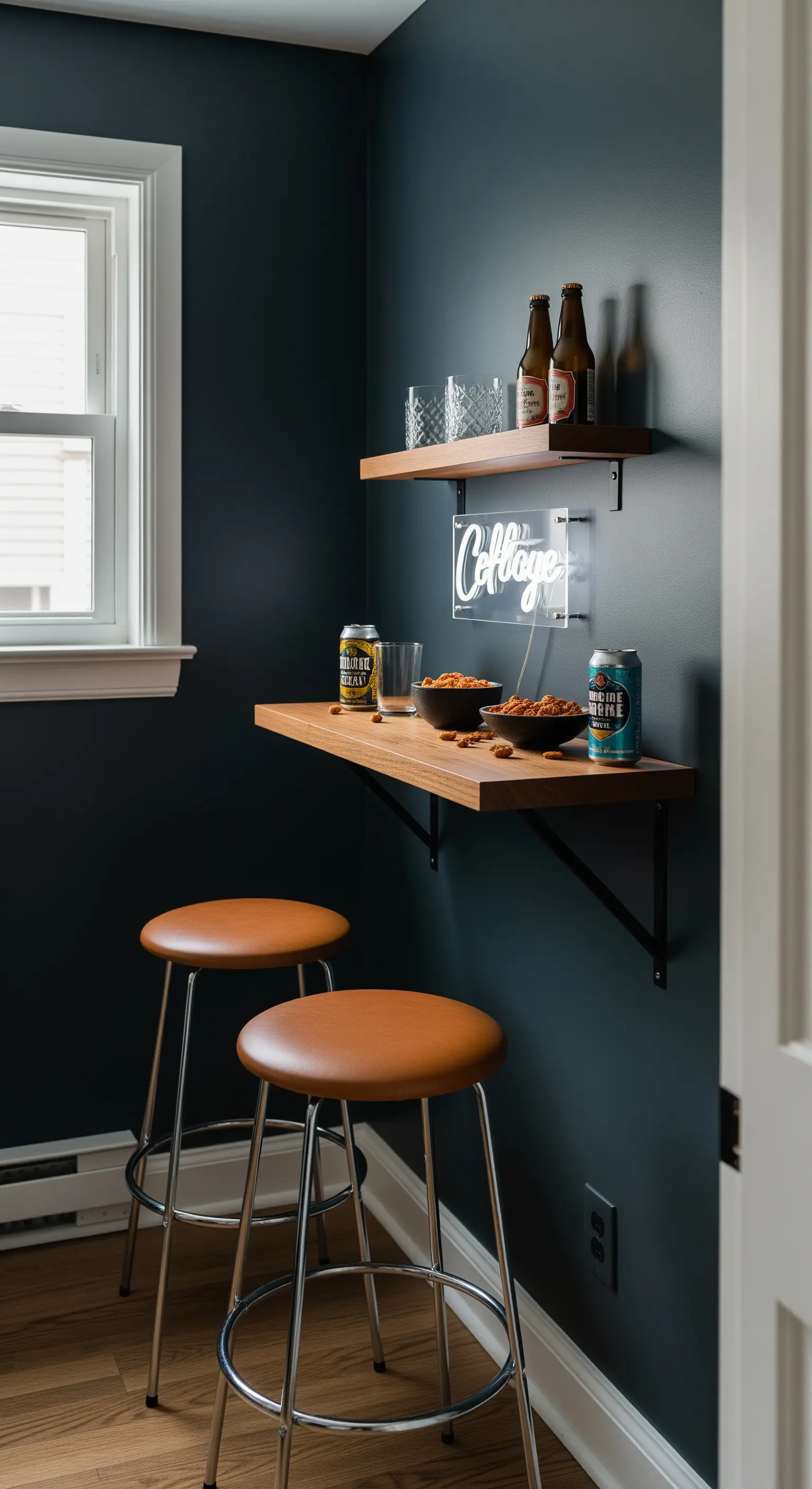 Piccolo angolo bar a parete con mensole in legno, sgabelli in pelle e insegna al neon.