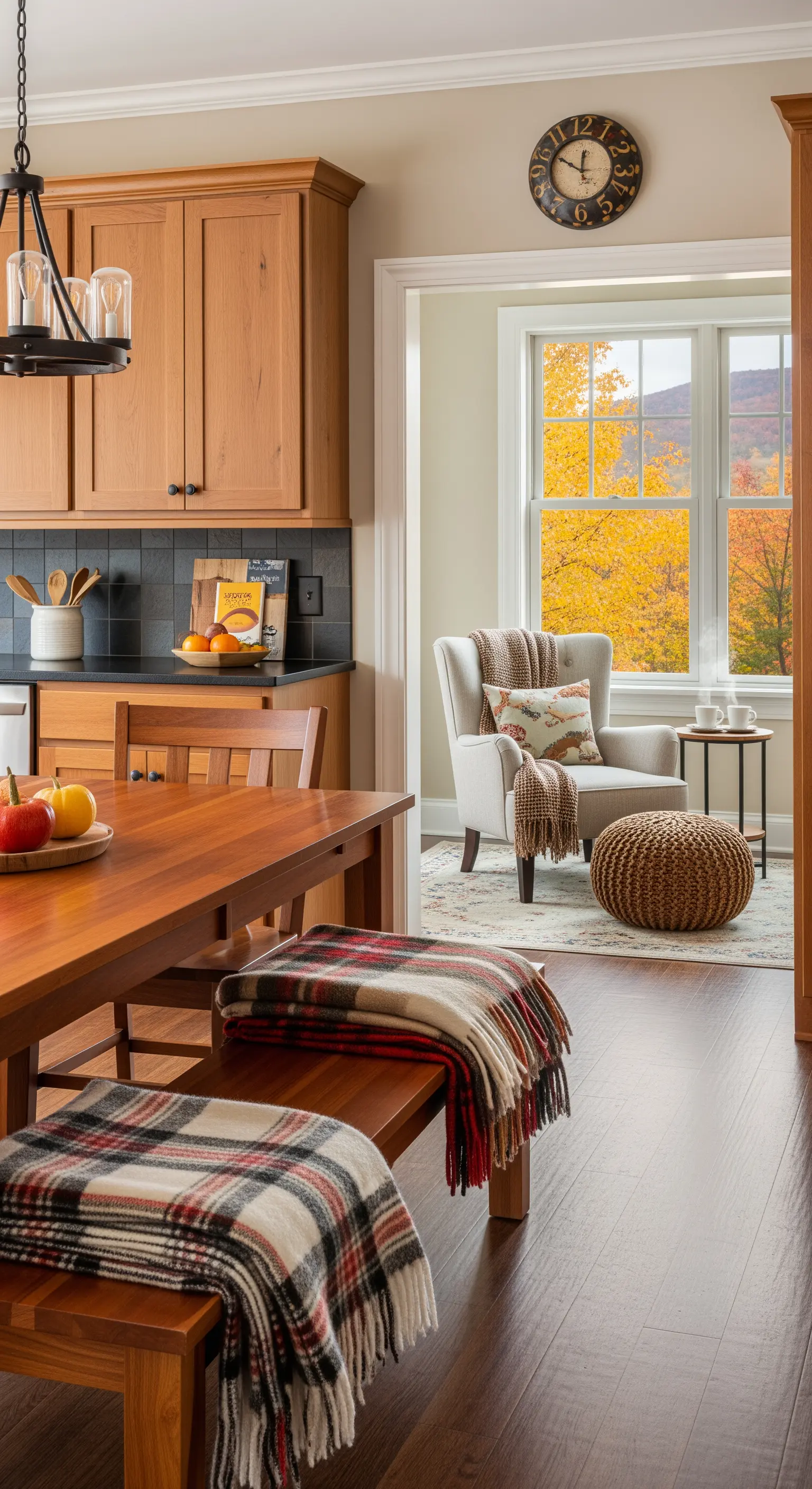 Tavolo da pranzo in legno con panche coperte da plaid scozzesi e vista su un angolo lettura.
