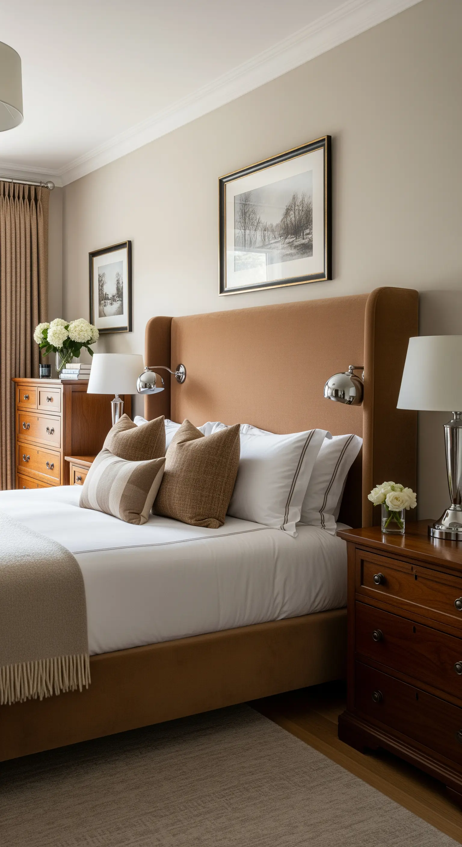 Testiera 'con le ali' in velluto color cammello in una camera da letto classica.