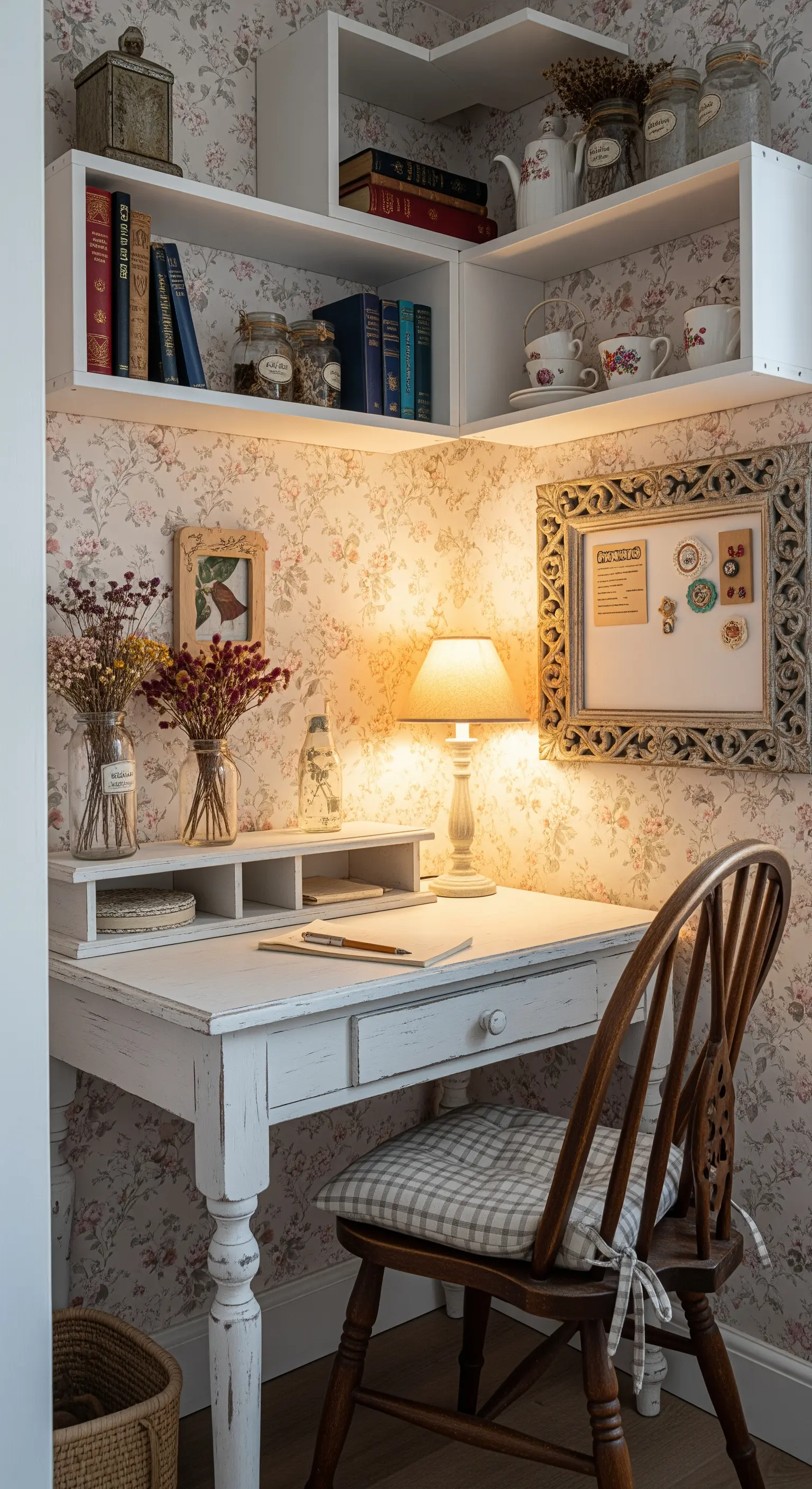 Scrivania bianca in stile shabby chic in una nicchia con carta da parati floreale.
