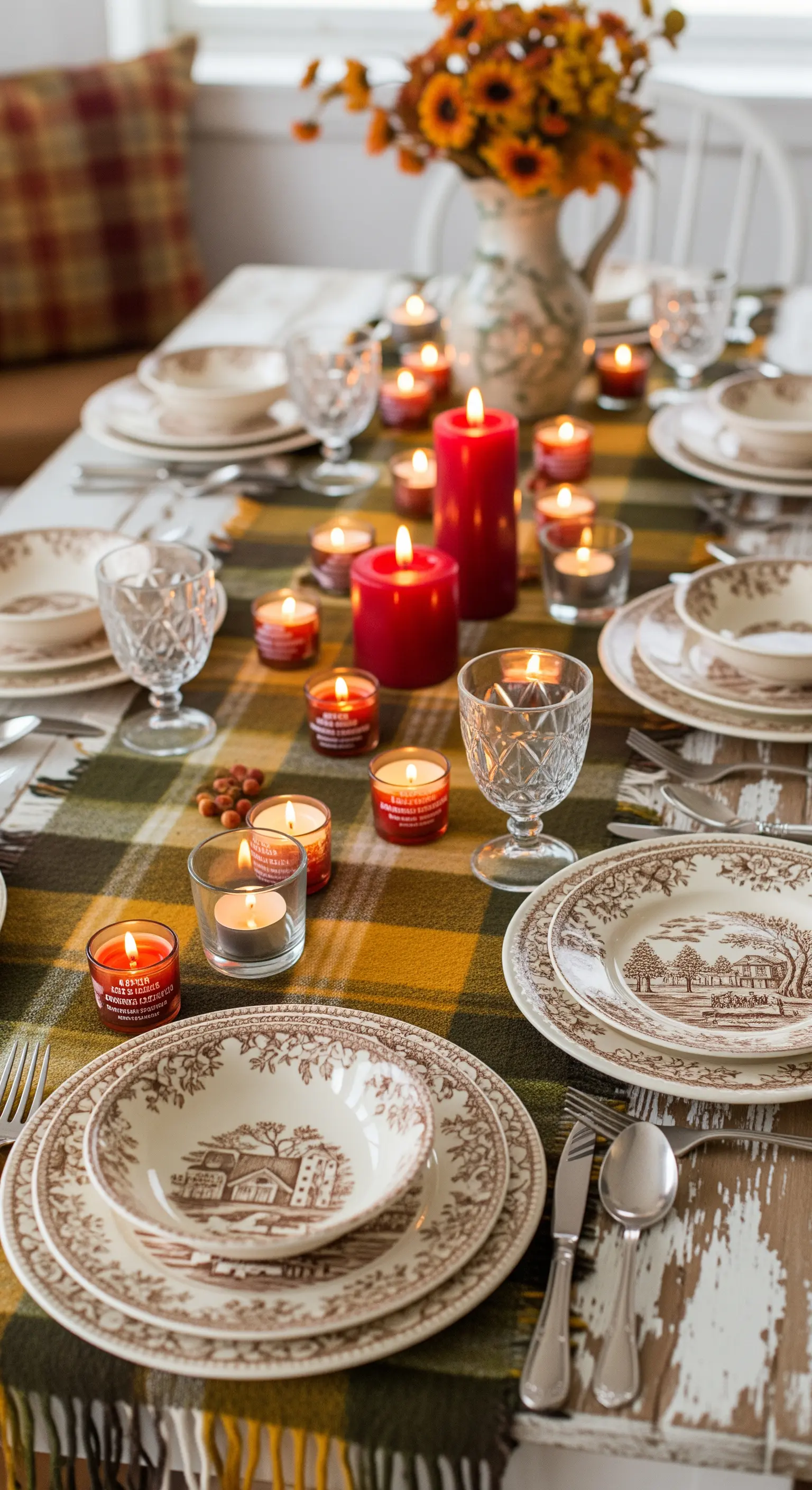 Tavola apparecchiata su una coperta plaid, con piatti vintage e tante piccole candele accese.