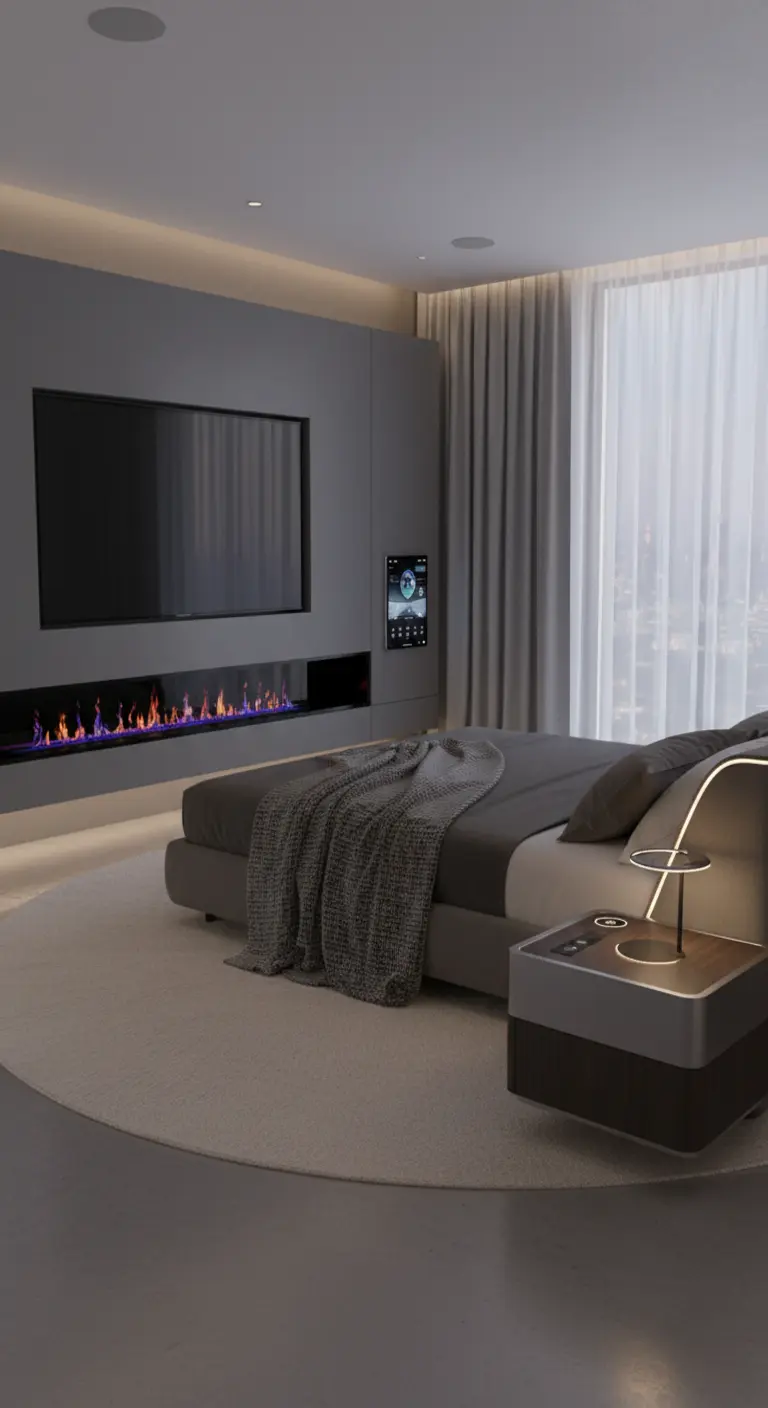 Camera da letto moderna e tecnologica con camino a LED colorati e sistema domotico a parete.