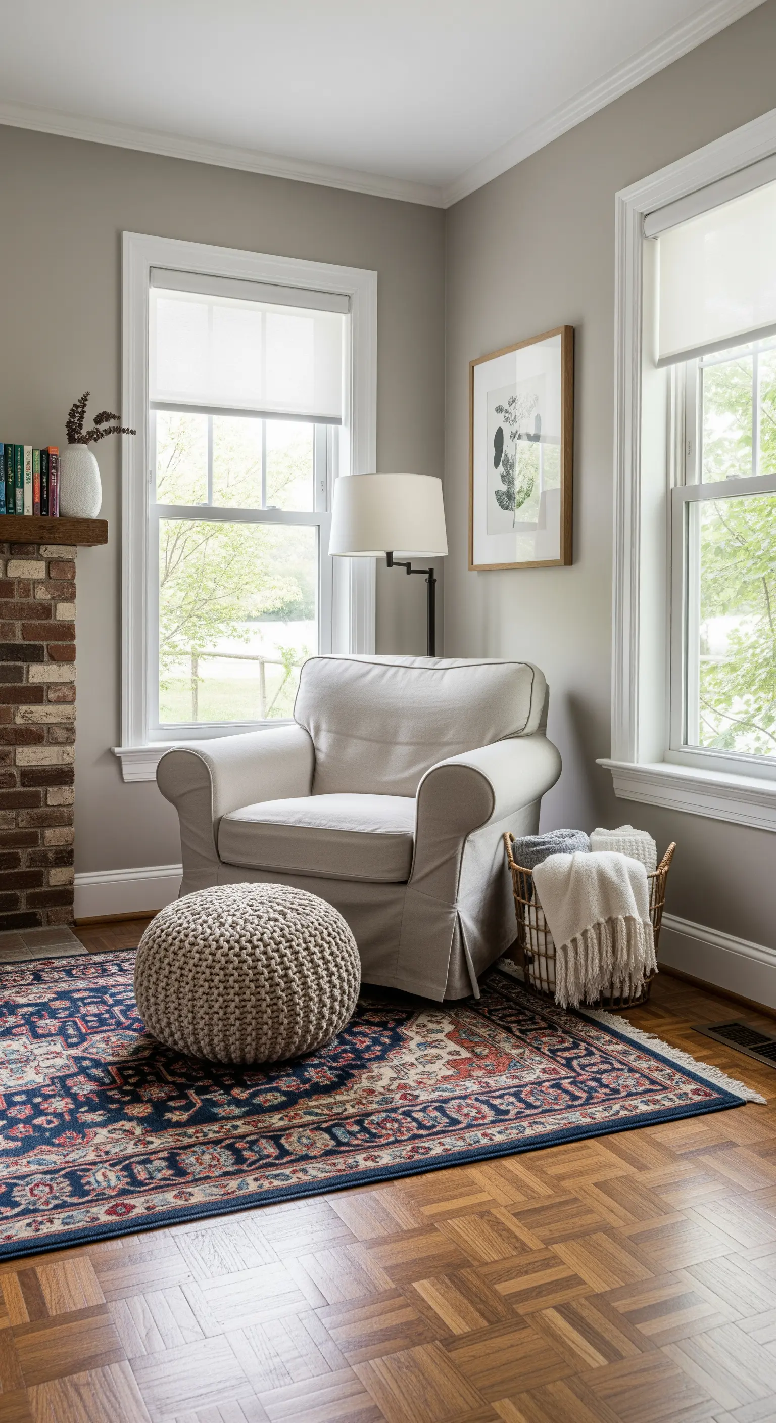 Angolo relax con poltrona sfoderabile, pouf in juta e tappeto persiano accanto al camino.