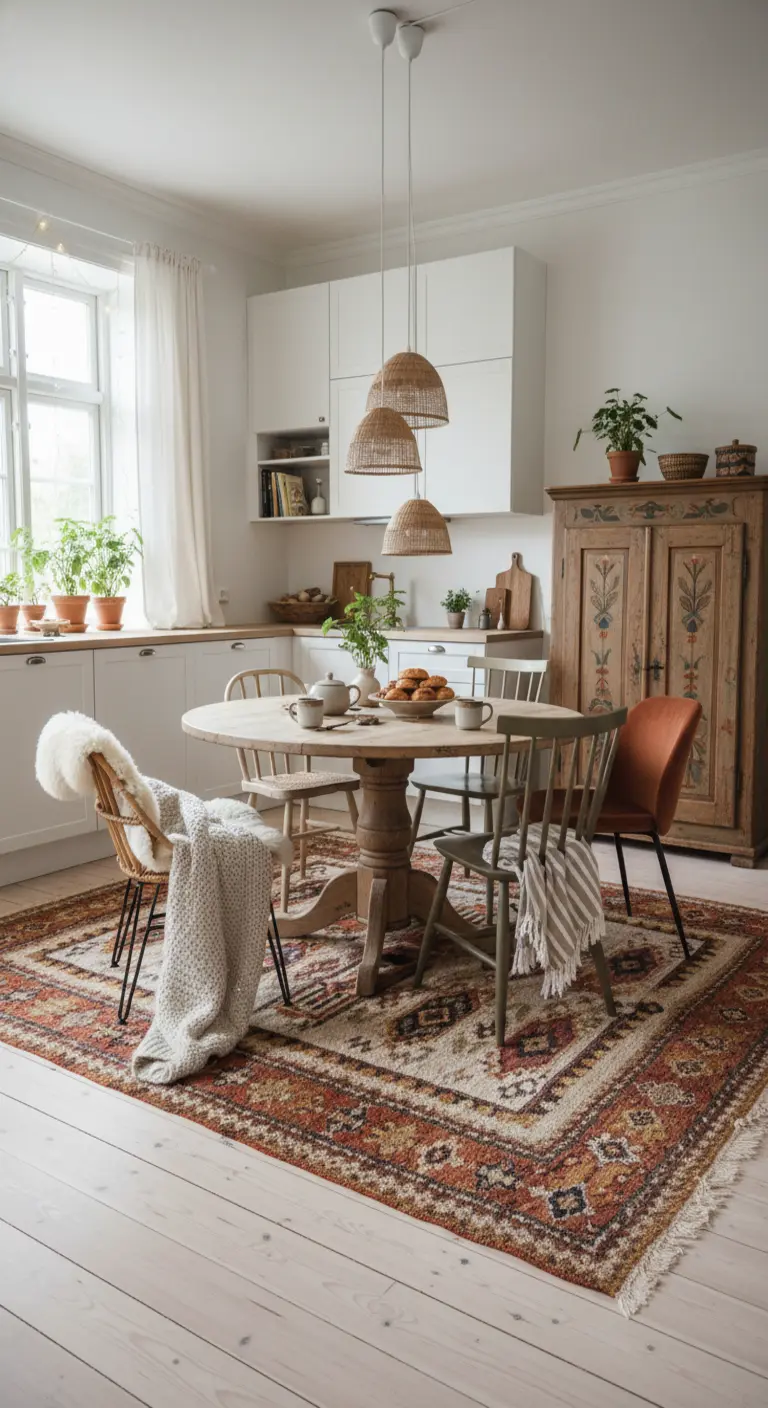 Cucina in stile scandinavo con mobile dipinto, sedie spaiate e tappeto etnico.