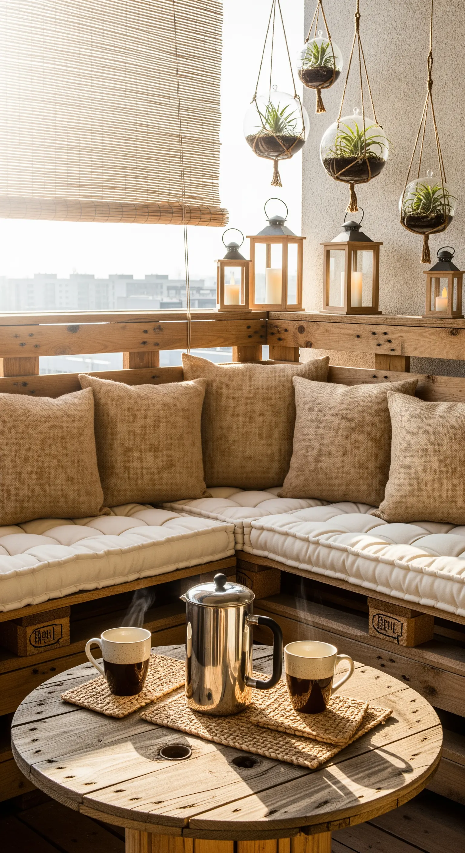 Divano in pallet con cuscini in iuta, tavolino a bobina e terrari sospesi.