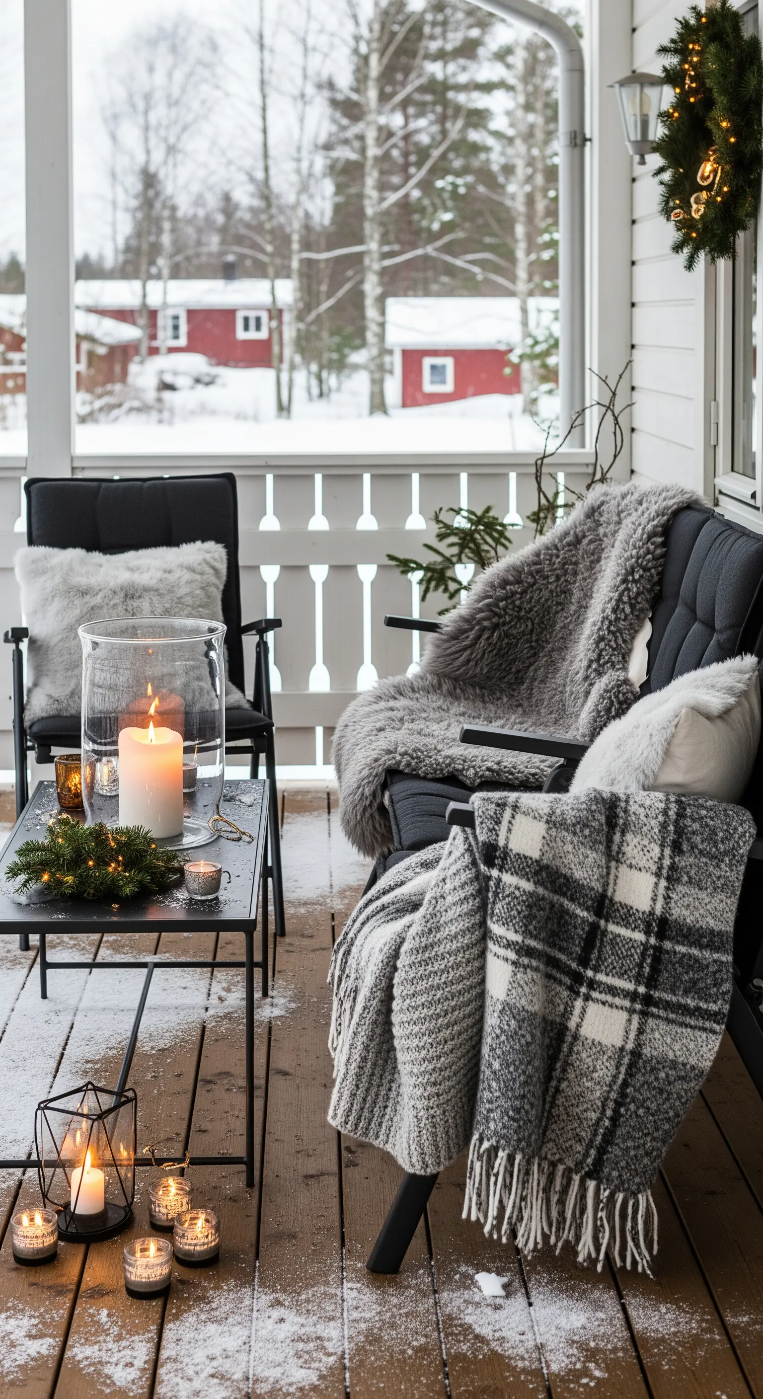 Portico innevato con arredi neri, coperte di pelliccia grigia e lanterne con candele.