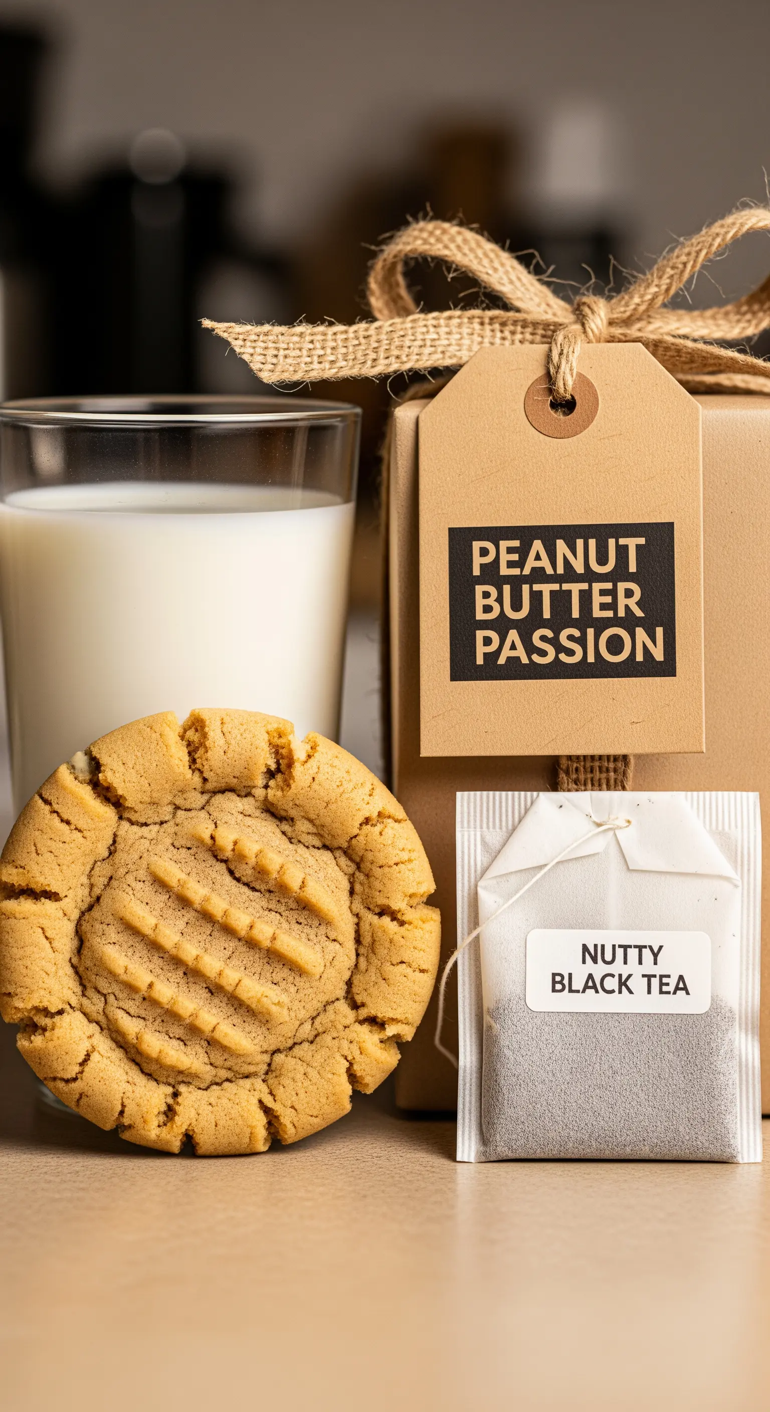 Biscotto al burro d'arachidi accanto a un bicchiere di latte e una confezione regalo in cartone.