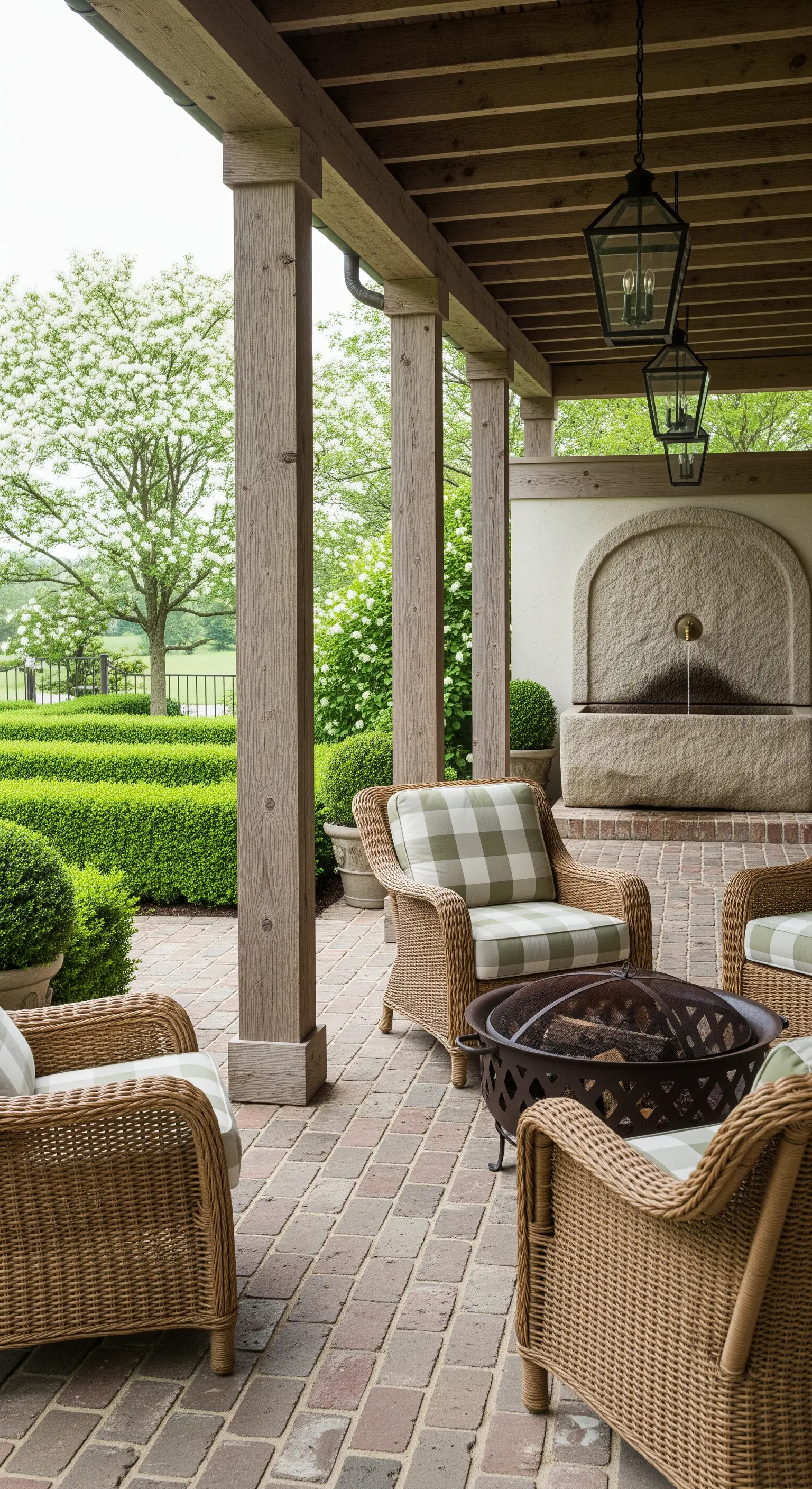 Portico rustico con poltrone in vimini, braciere, colonne in legno e fontana in pietra.