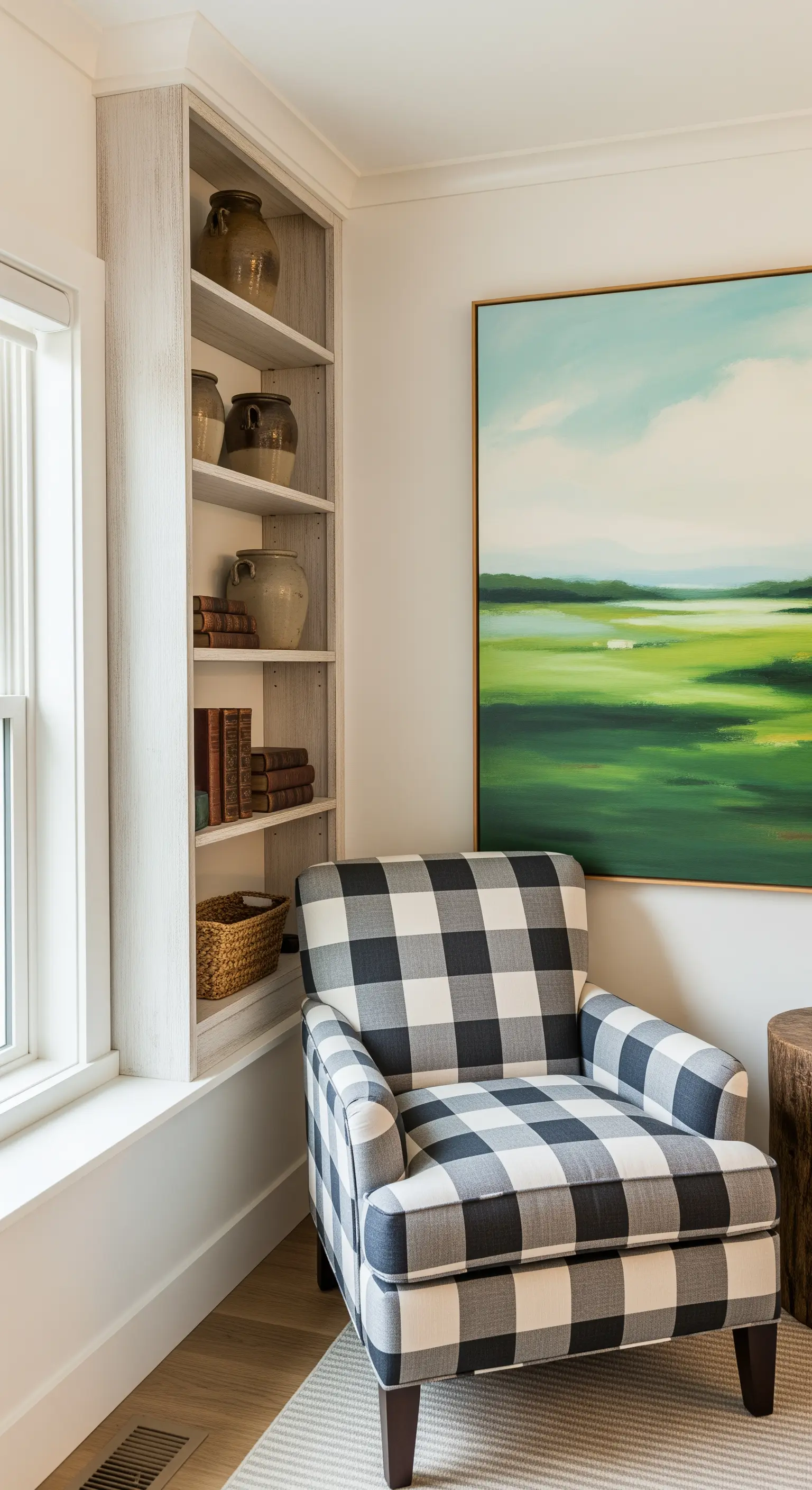 Libreria a muro in legno sbiancato, poltrona a quadri e quadro con paesaggio verde.