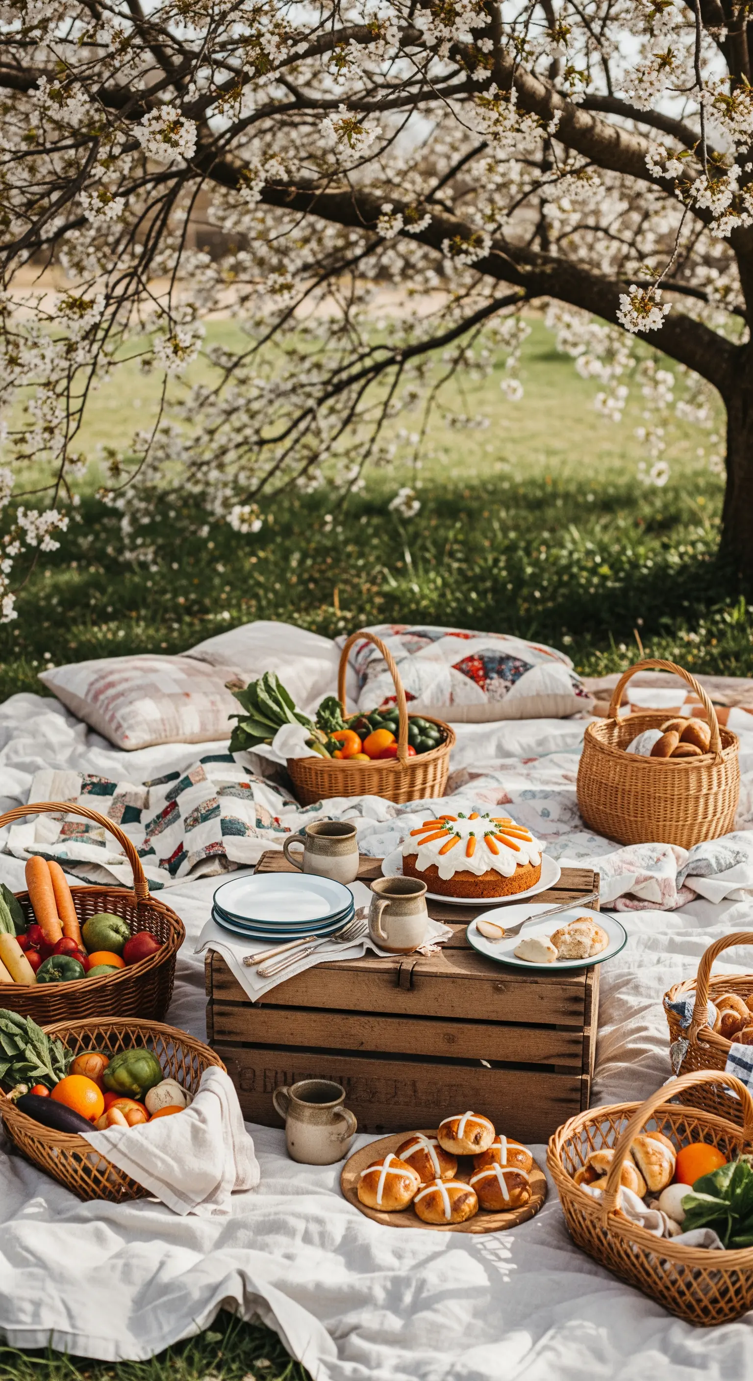 Picnic in stile country sotto un albero in fiore, con cesti di vimini e una torta rustica.