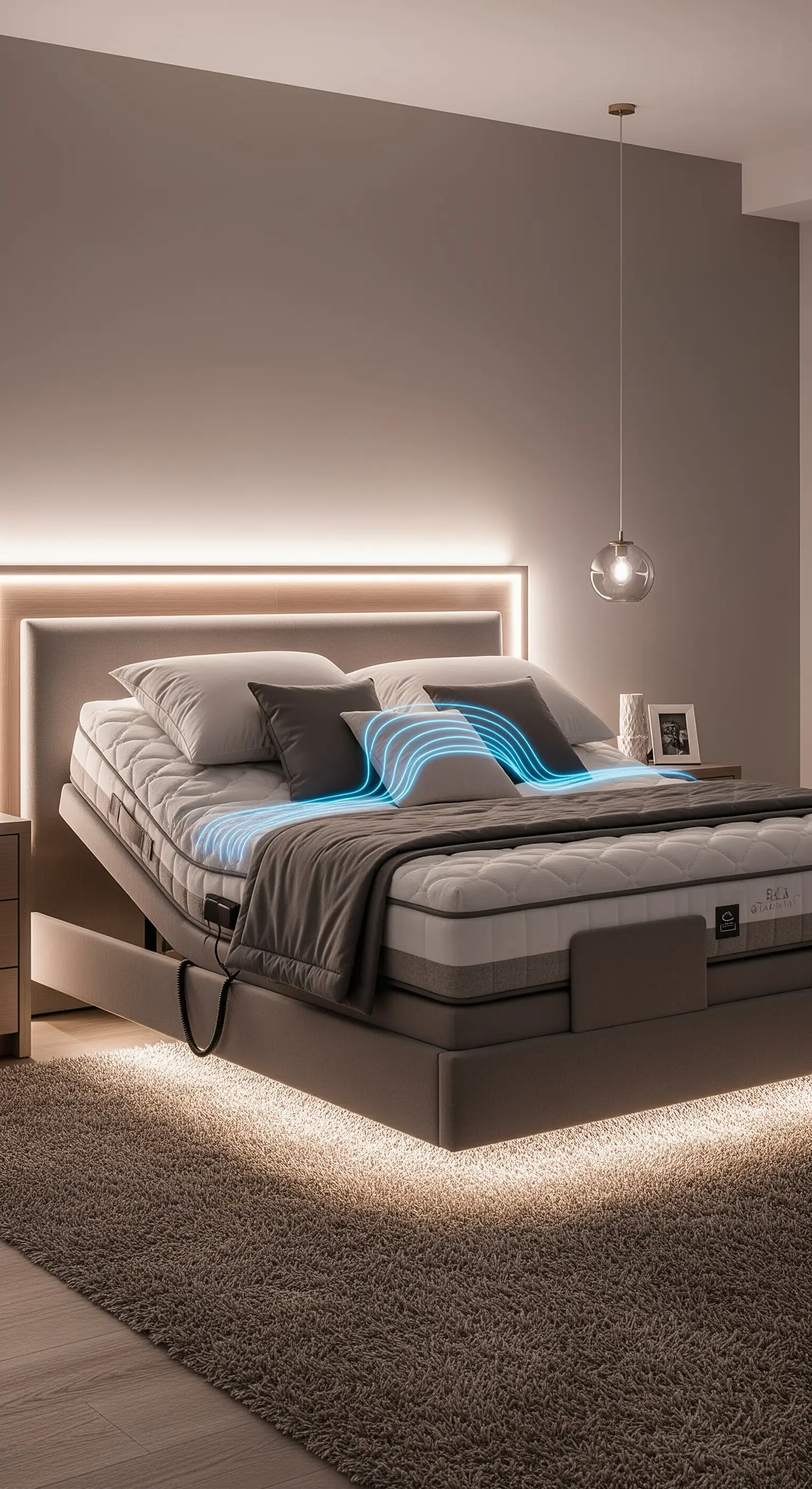 Letto moderno con base regolabile e illuminazione a LED, posizionato su un morbido tappeto grigio.