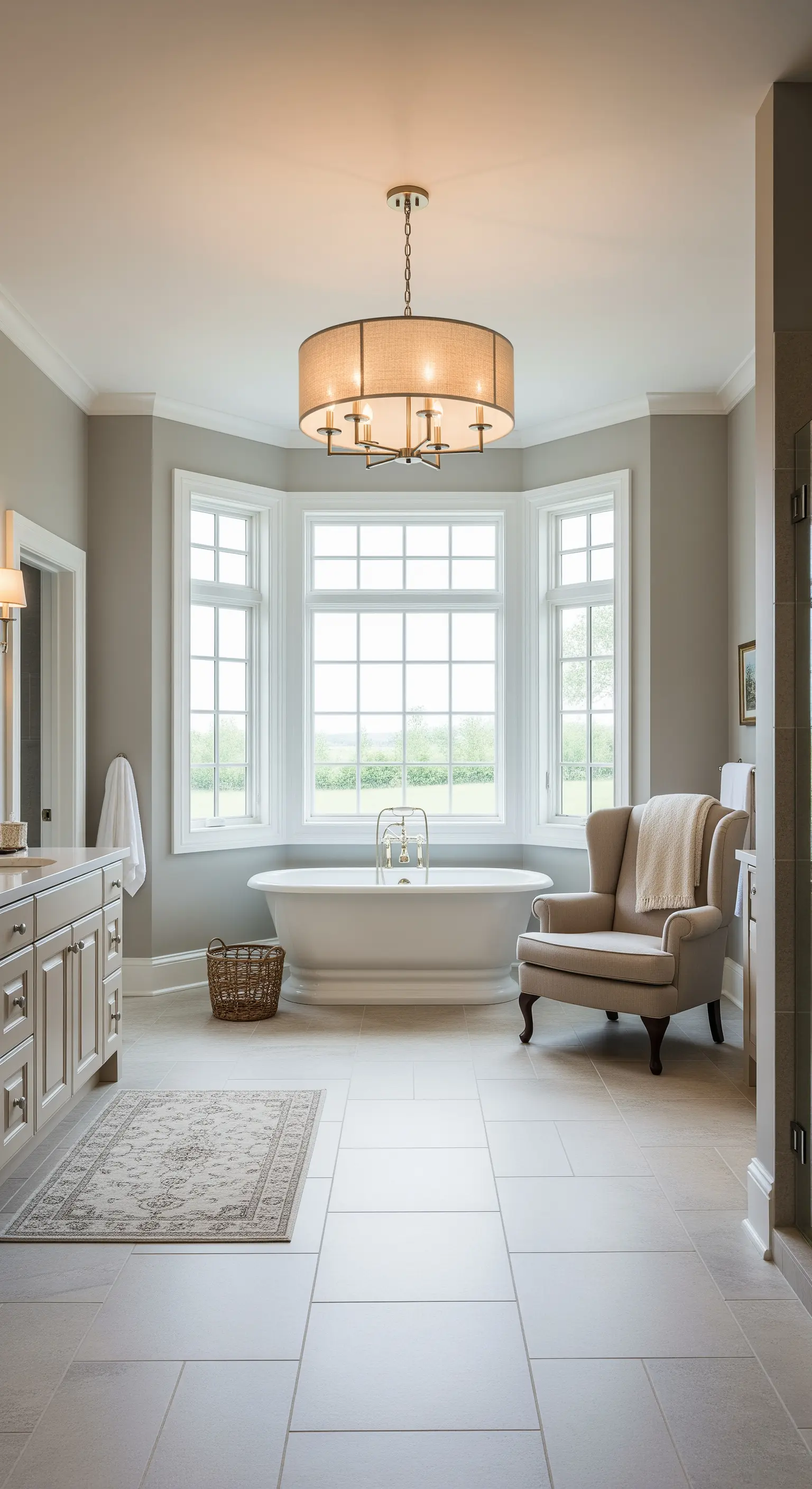 Bagno tradizionale con vasca sotto un bovindo e un grande lampadario a tamburo in tessuto.