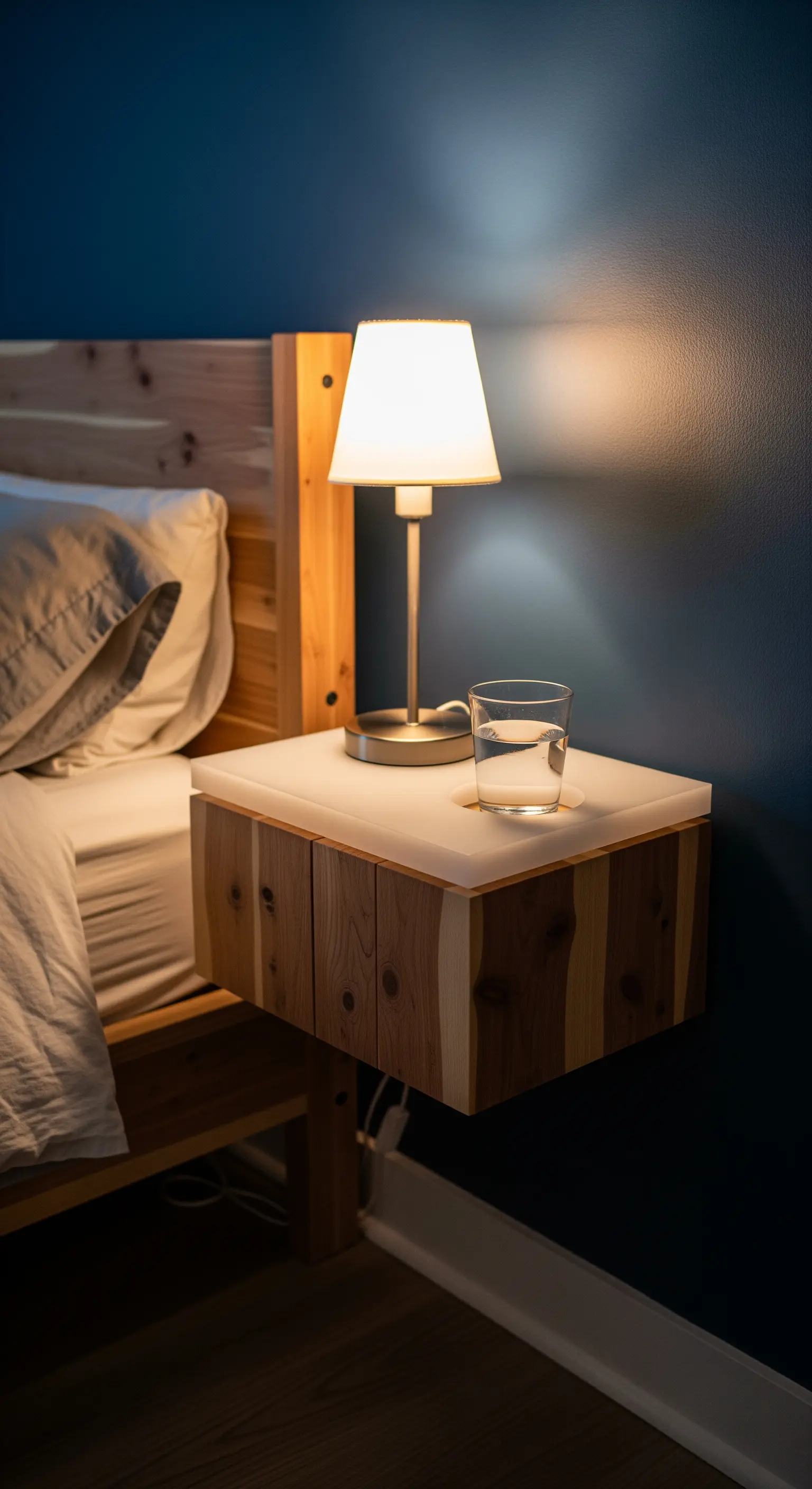 Comodino sospeso in legno di cedro con un piano in acrilico bianco traslucido.