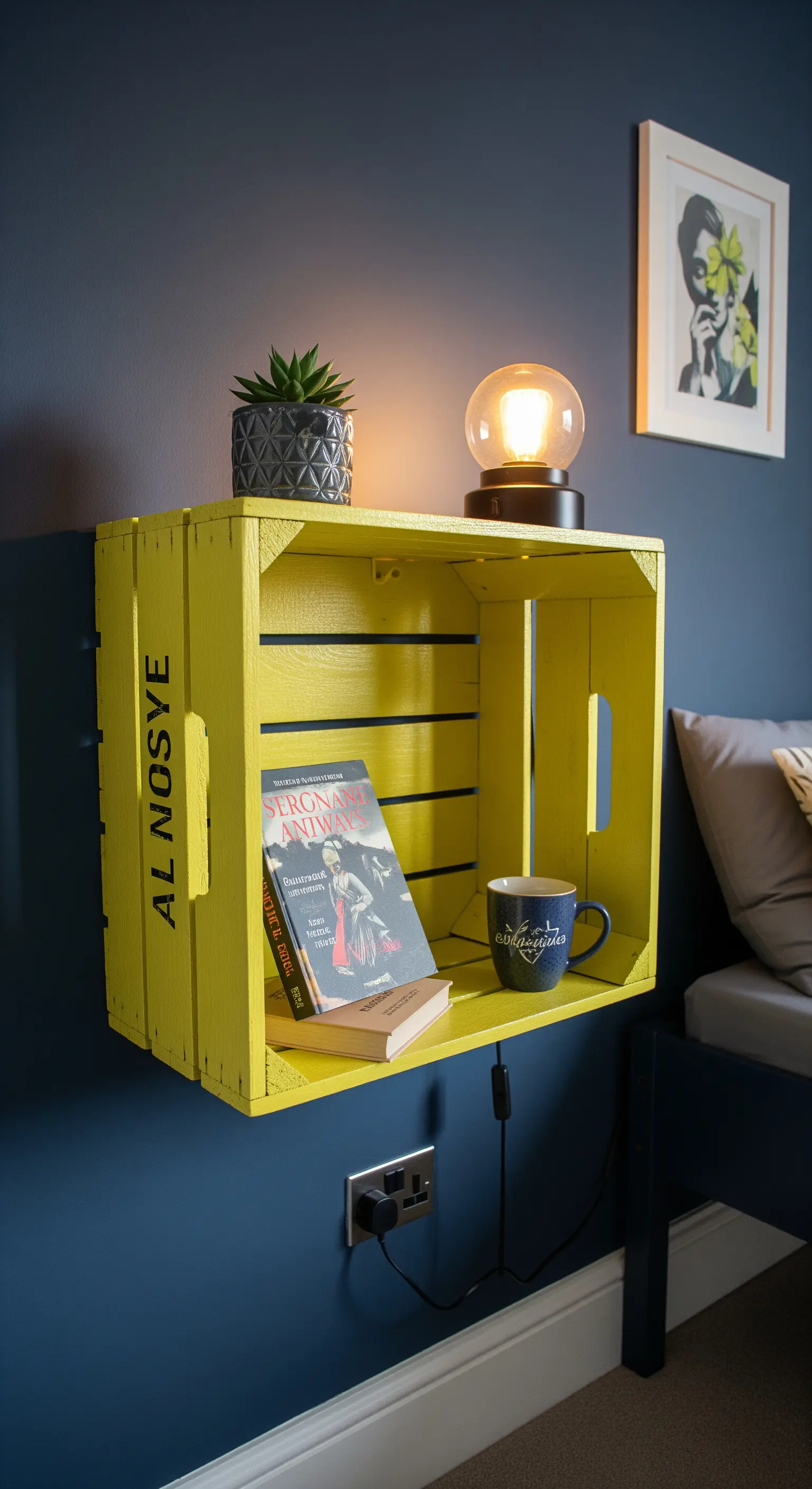 Una cassetta di legno verniciata di giallo brillante e montata a parete come comodino.